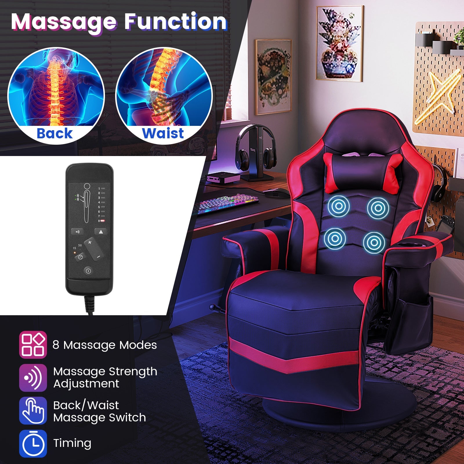 Electric Massage Gaming Chair with Cup Holder and Side Pouch - ChairwayUK