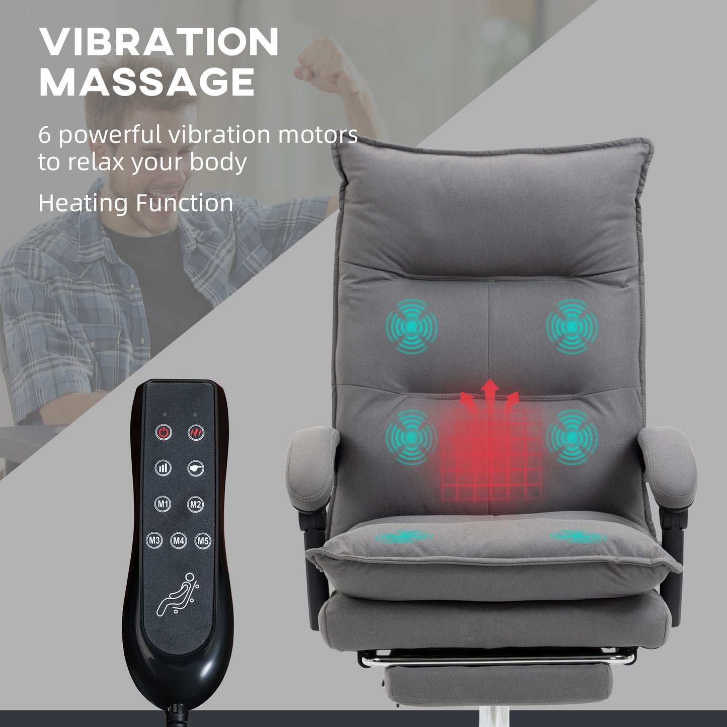 Image for Vinsetto Vibration Massage Office Chair with Heat, Microfibre Computer Chair with Footrest, Armrest, Double Padding, Reclining Back, Grey