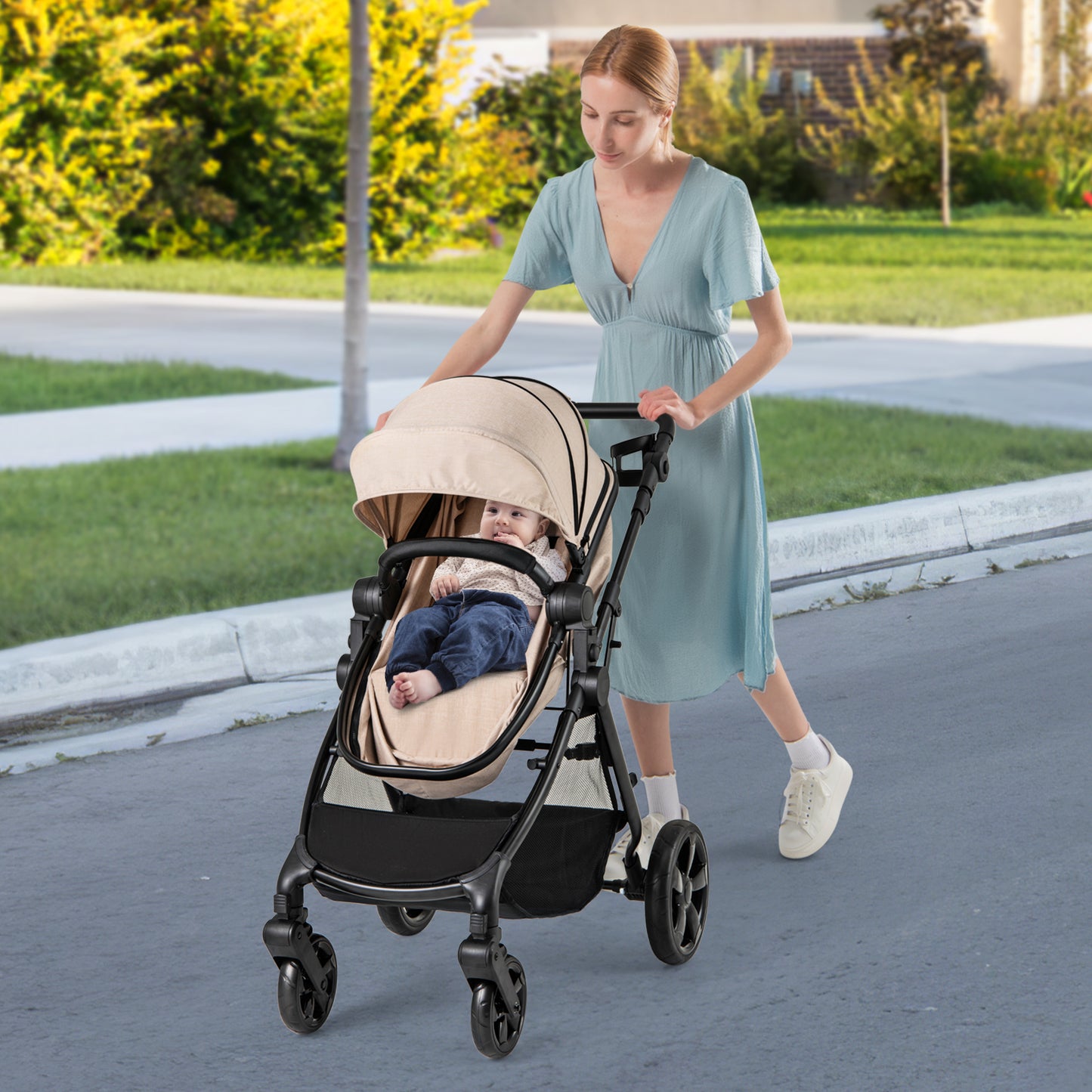 Convertible_Baby_Stroller_with_Reversible_Seat_and_Adjustable_Canopy_Beige-comfortables with large wheels and spring
