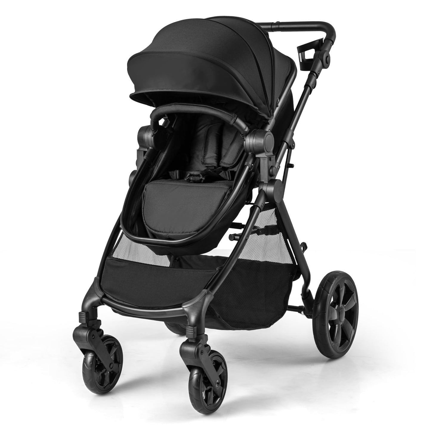 Convertible_Baby_Stroller_with_Reversible_Seat_and_Adjustable_Canopy_Black Smooth stable rides with EVA wheels and spring suspension handle pavements, parks, and uneven paths