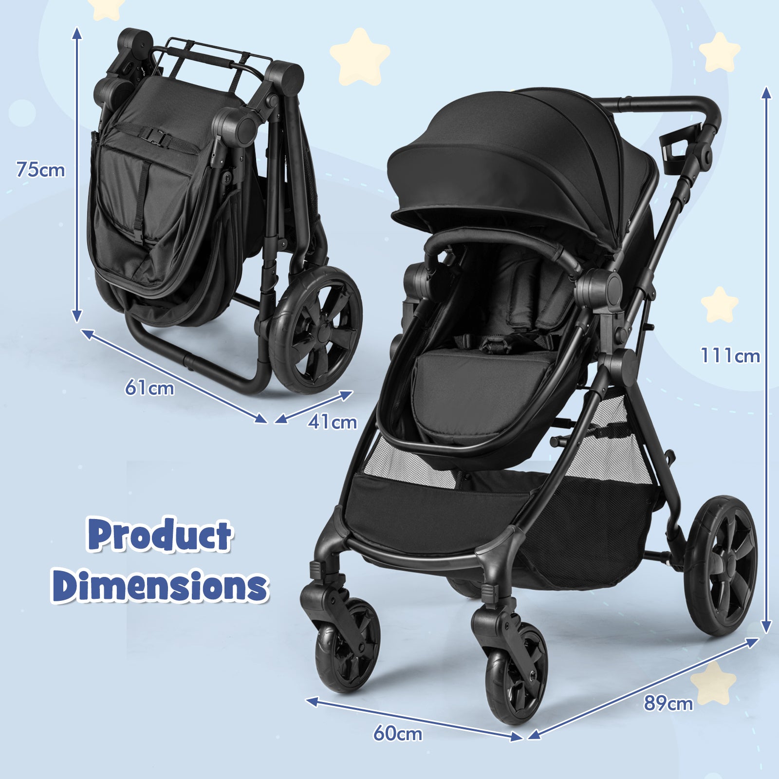 Convertible_Baby_Stroller_with_Reversible_Seat_and_Adjustable_Canopy_Black_Size Dimensions, 