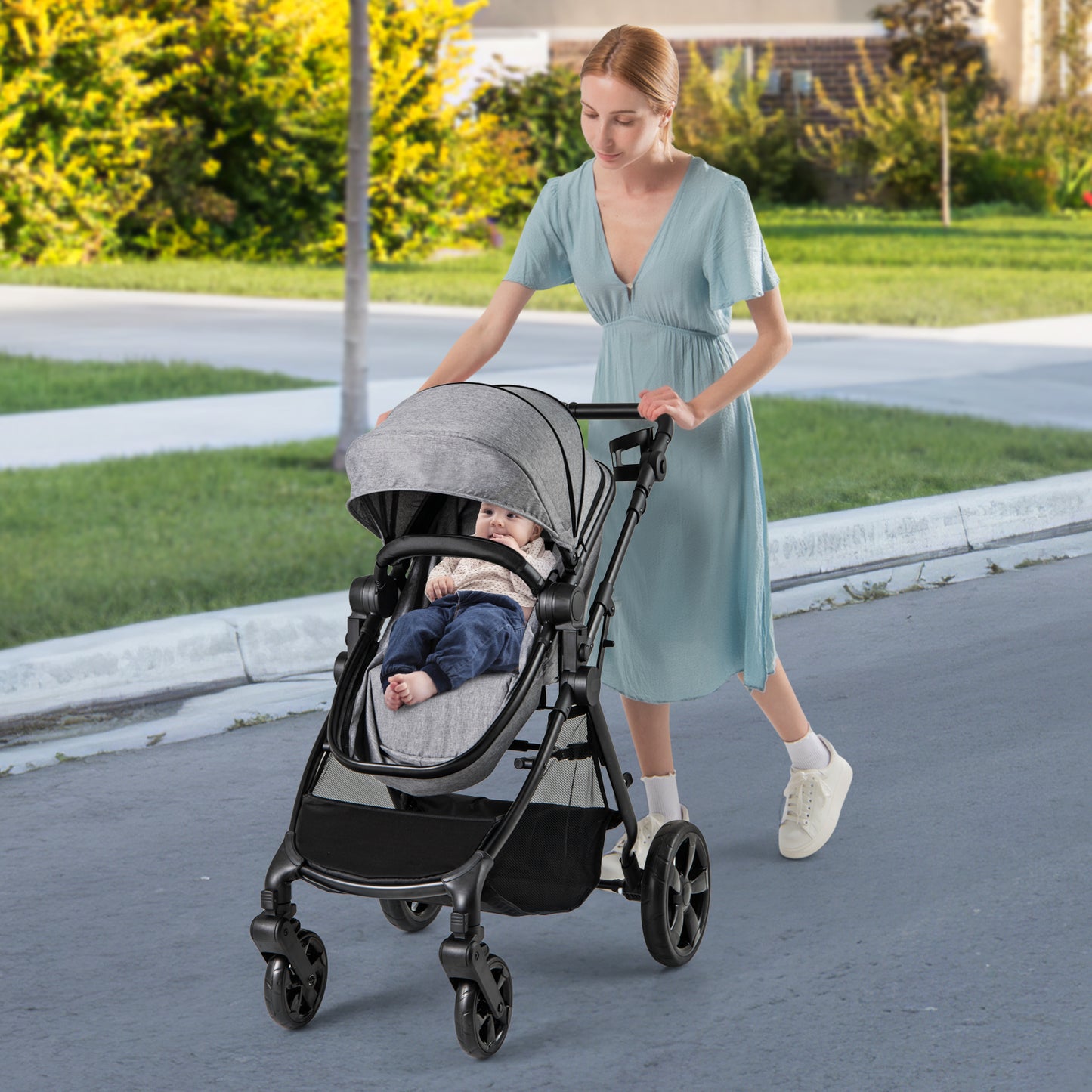 Convertible_Baby_Stroller_with_Reversible_Seat_and_Adjustable_Canopy_GreySafe secure: 5-point harness and reliable braking system ensure peace of mind