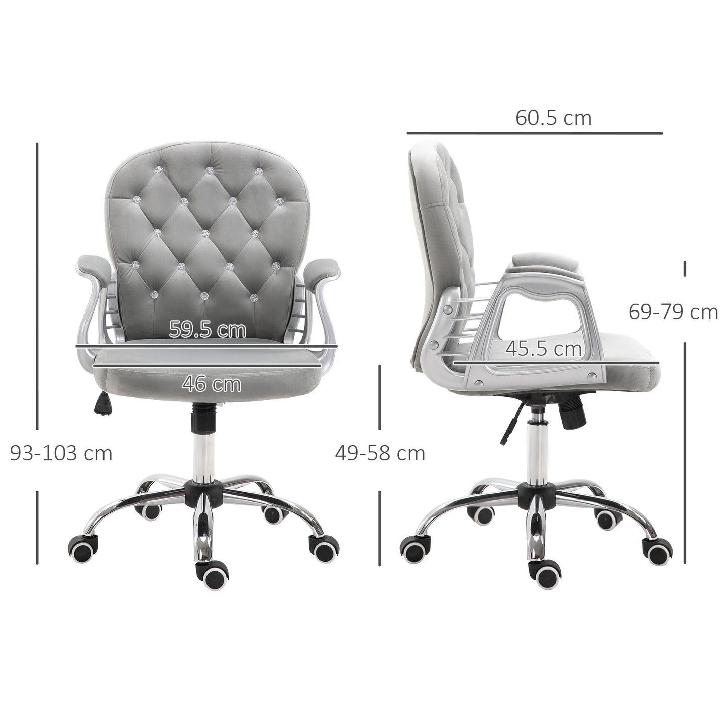 Image for Vinsetto Office Chair Ergonomic 360° Swivel Diamond Tufted Home Work Velour Padded Base 5 Castor Wheels Grey