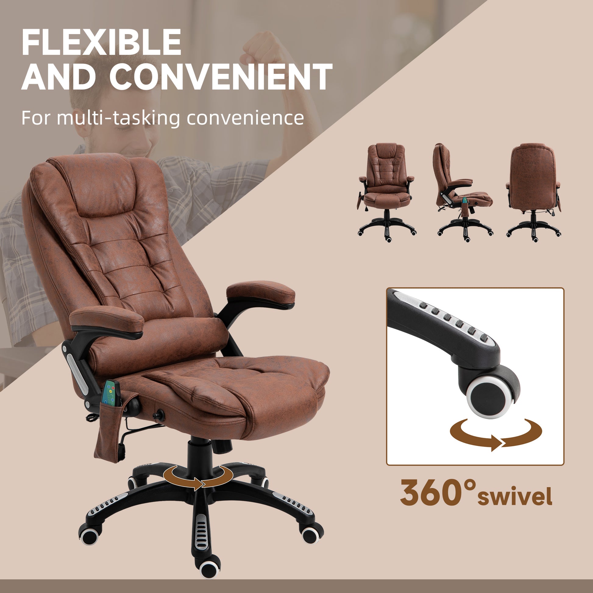 Image for Vinsetto Massage Recliner Chair Heated Office Chair with Six Massage Points Microfiber Cloth 360° Swivel Wheels Brown