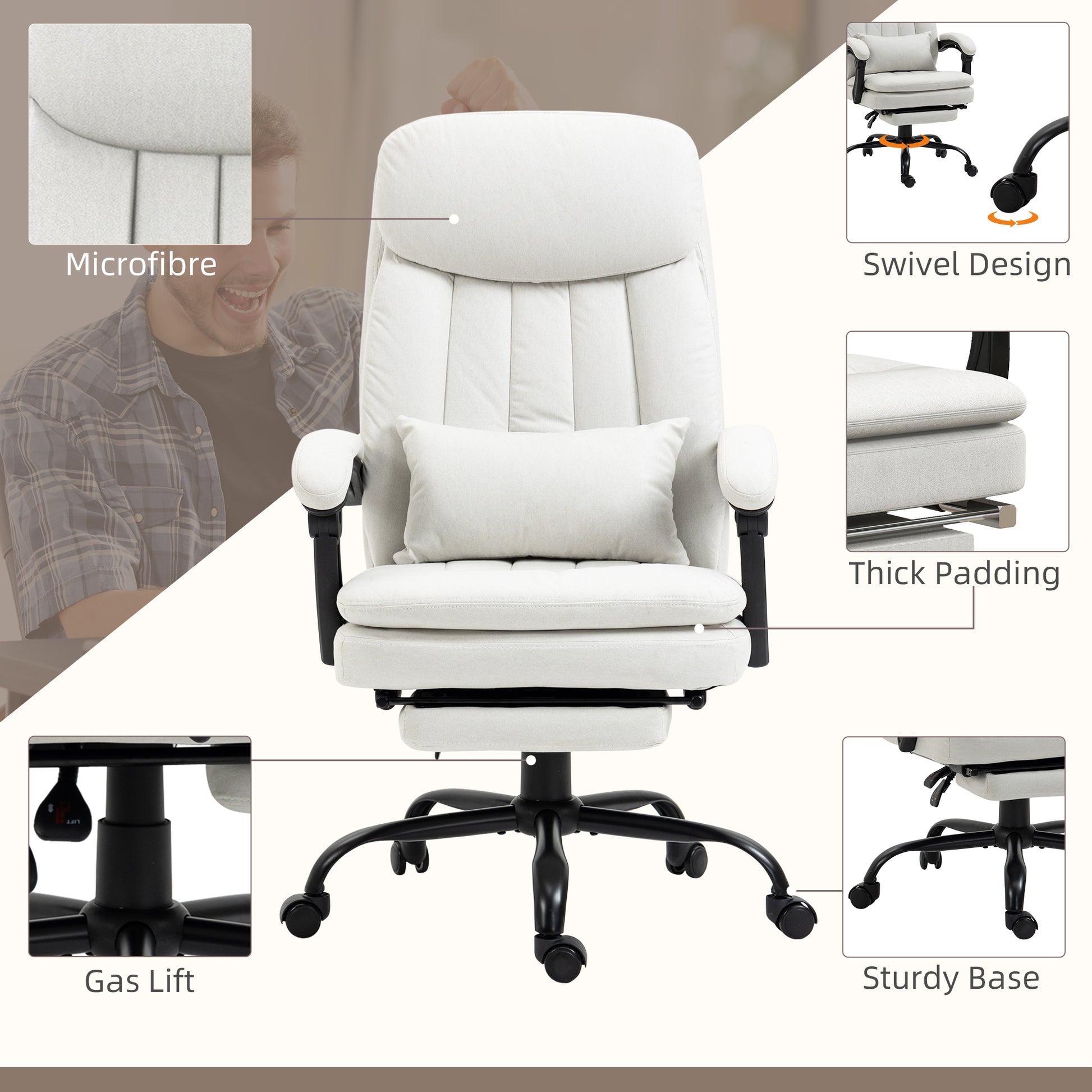 Image for Vinsetto Vibration Massage Office Chair w/ Heat, Microfibre Computer Chair w/ Footrest, Lumbar Support Pillow, Armrest, Reclining Back, Cream White