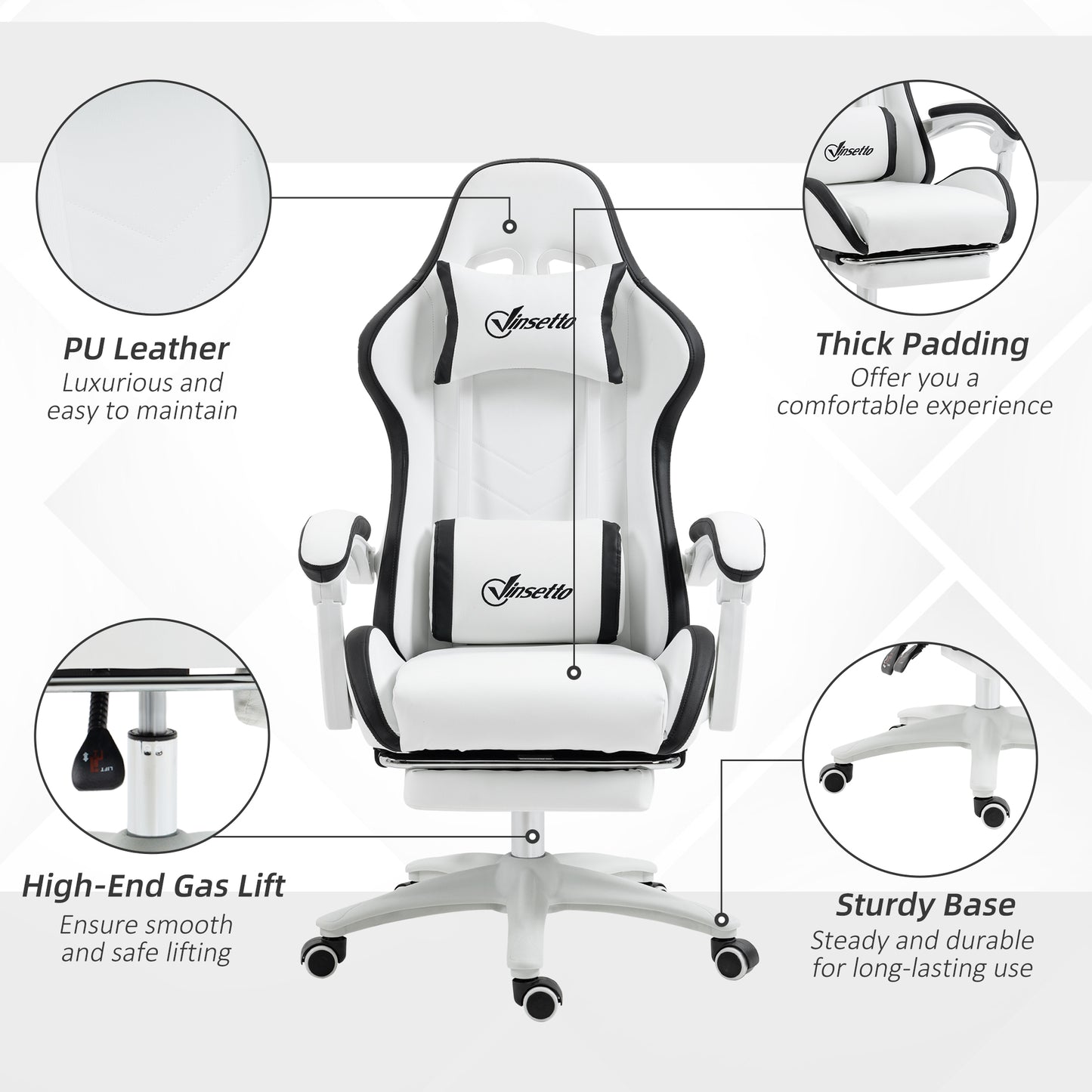 Image for Vinsetto Racing Gaming Chair, Reclining PU Leather Computer Chair with 360 Degree Swivel Seat, Footrest, Removable Headrest White and Black