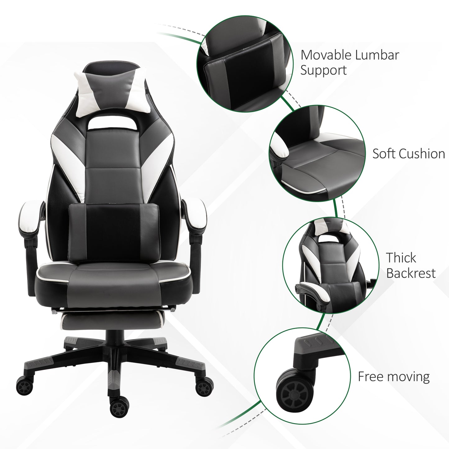 Image for Vinsetto Gaming Chair Ergonomic Recliner w/ Thick Padding Footrest Headrest Lumbar Pillow 5 Wheels Racing Swivel Height Adjustable Home Office Grey