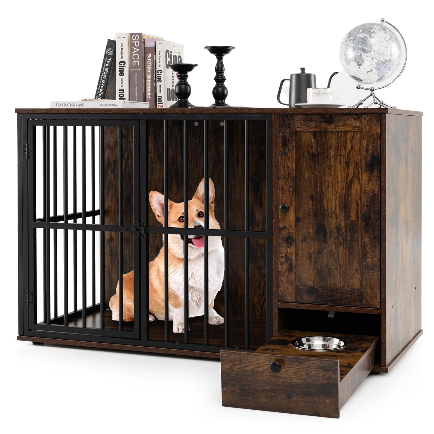 120CM Dog Crate Furniture with Hidden Pull-out Bowls in Drawer-Rustic Brown