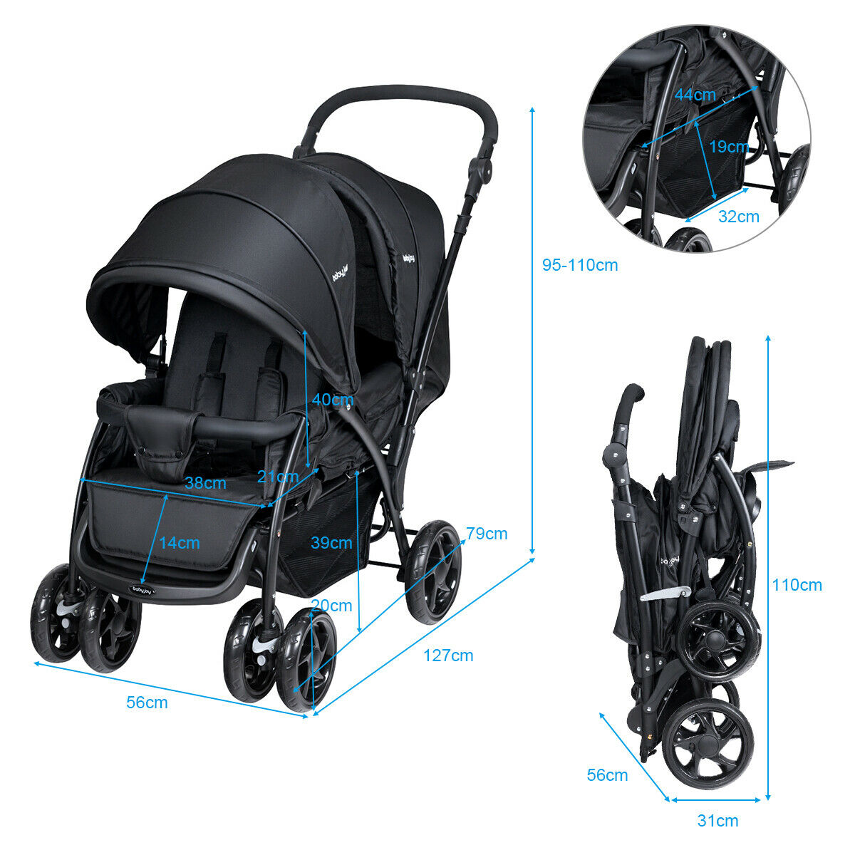 Double Pushchair with Adjustable Backrest and Sunshade Black  Dimensions