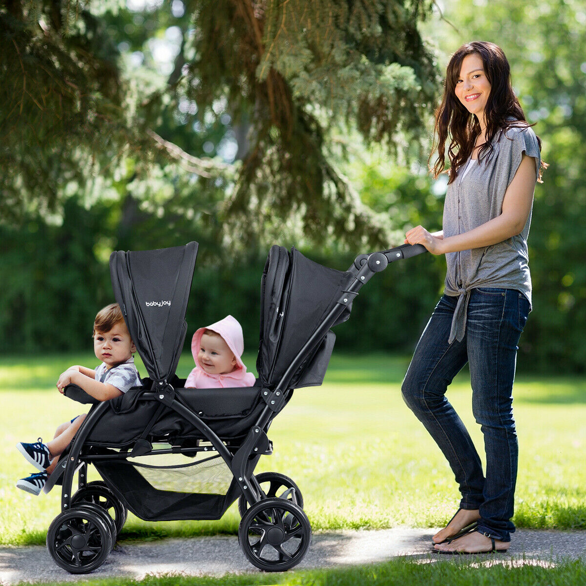 Double Pushchair with Adjustable Backrest and Sunshade Black  Lifestyle