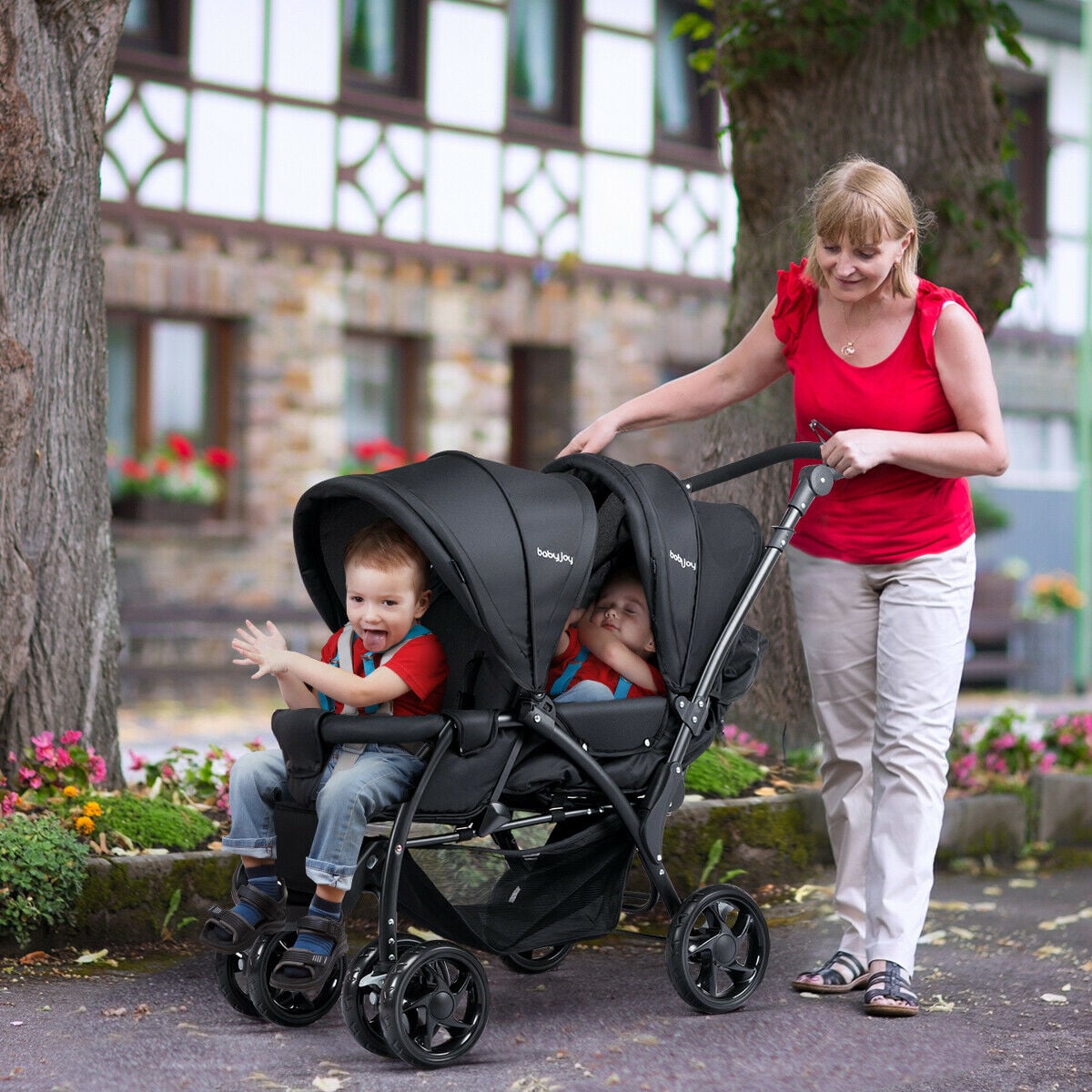 Double Pushchair with Adjustable Backrest and Sunshade Black  Lifestyle Granma