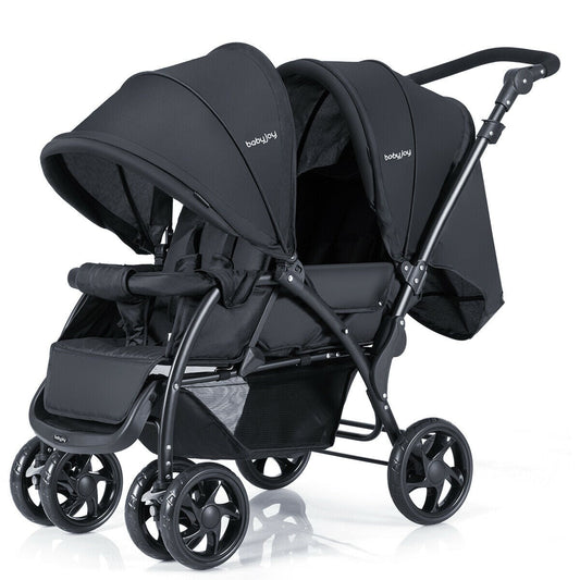 Double Pushchair with Adjustable Backrest and Sunshade Black Main 