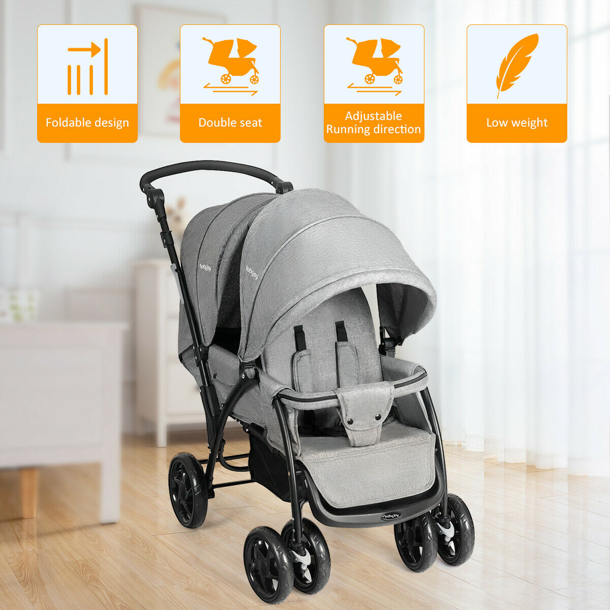 Double Pushchair with Adjustable Backrest and Sunshade Grey Foldable Both sides, Low weight 