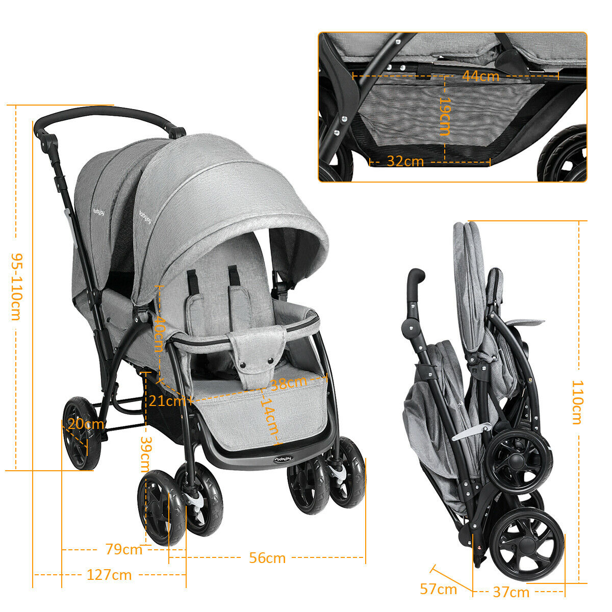Double Pushchair with Adjustable Backrest and Sunshade Grey Foldable Both sides, Low weight  Dimensions
