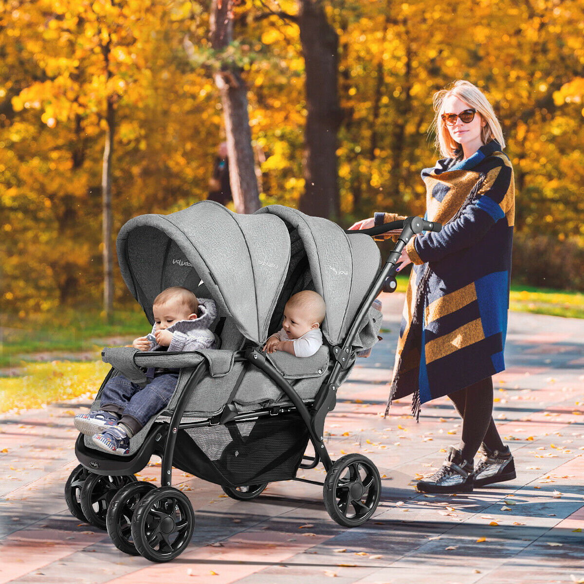Double Pushchair with Adjustable Backrest and Sunshade Grey Lifestyle