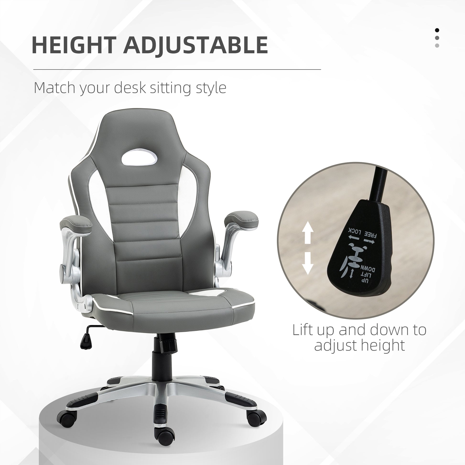 Image for HOMCOM Racing Gaming Chair, PU Leather Computer Desk Chair, Height Adjustable Swivel Chair With Tilt Function and Flip Up Armrests, Grey