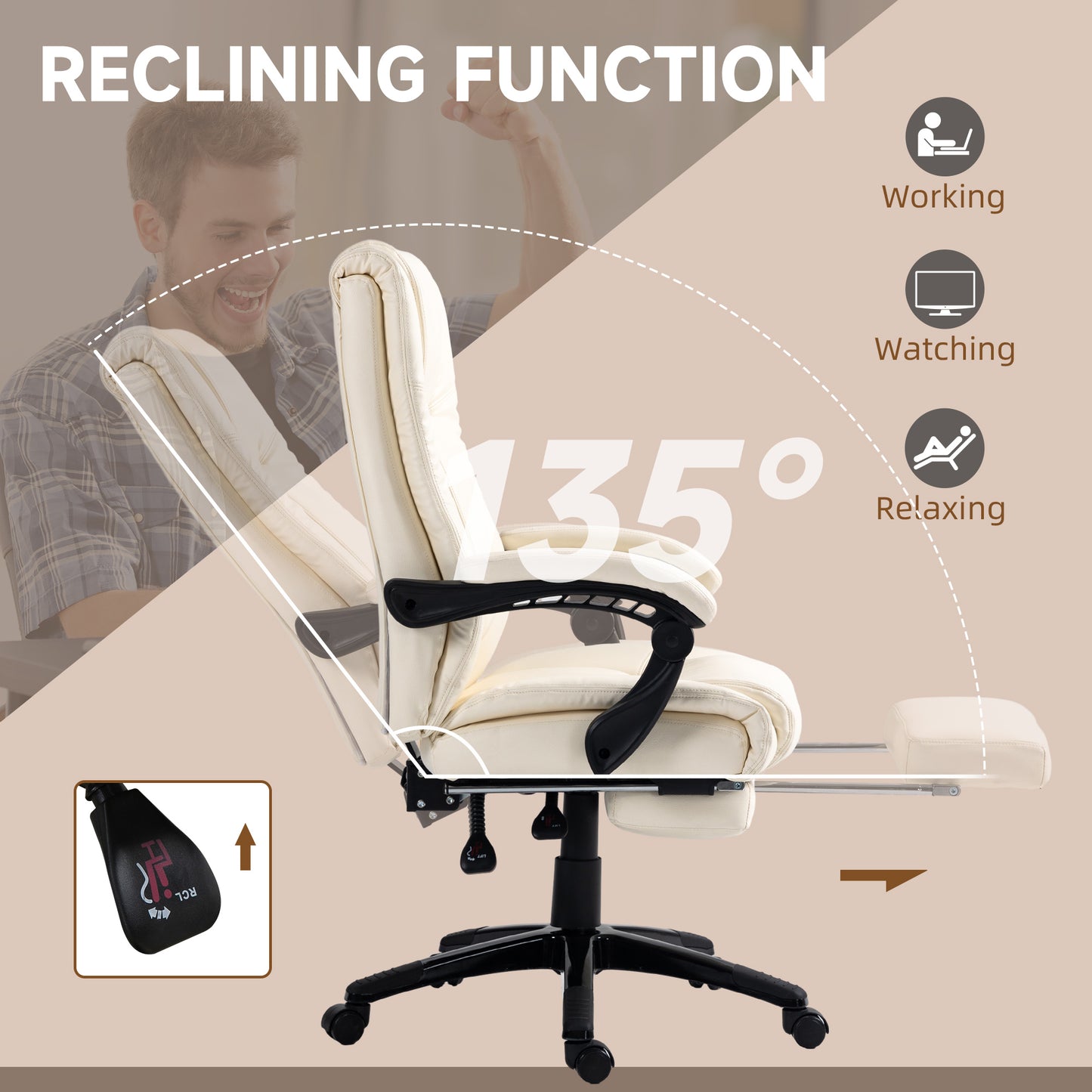 Image for Vinsetto PU Leather Office Chair, Swivel Computer Chair with Footrest, Wheels, Adjustable Height, Cream White