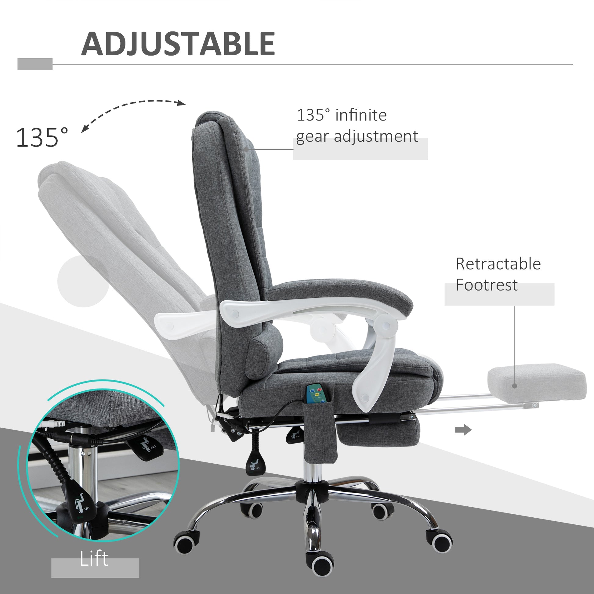 Image for Vinsetto Heated 6 Points Vibration Massage Executive Office Chair, Adjustable Swivel Ergonomic High Back Desk Chair Recliner w/ Footrest, Grey