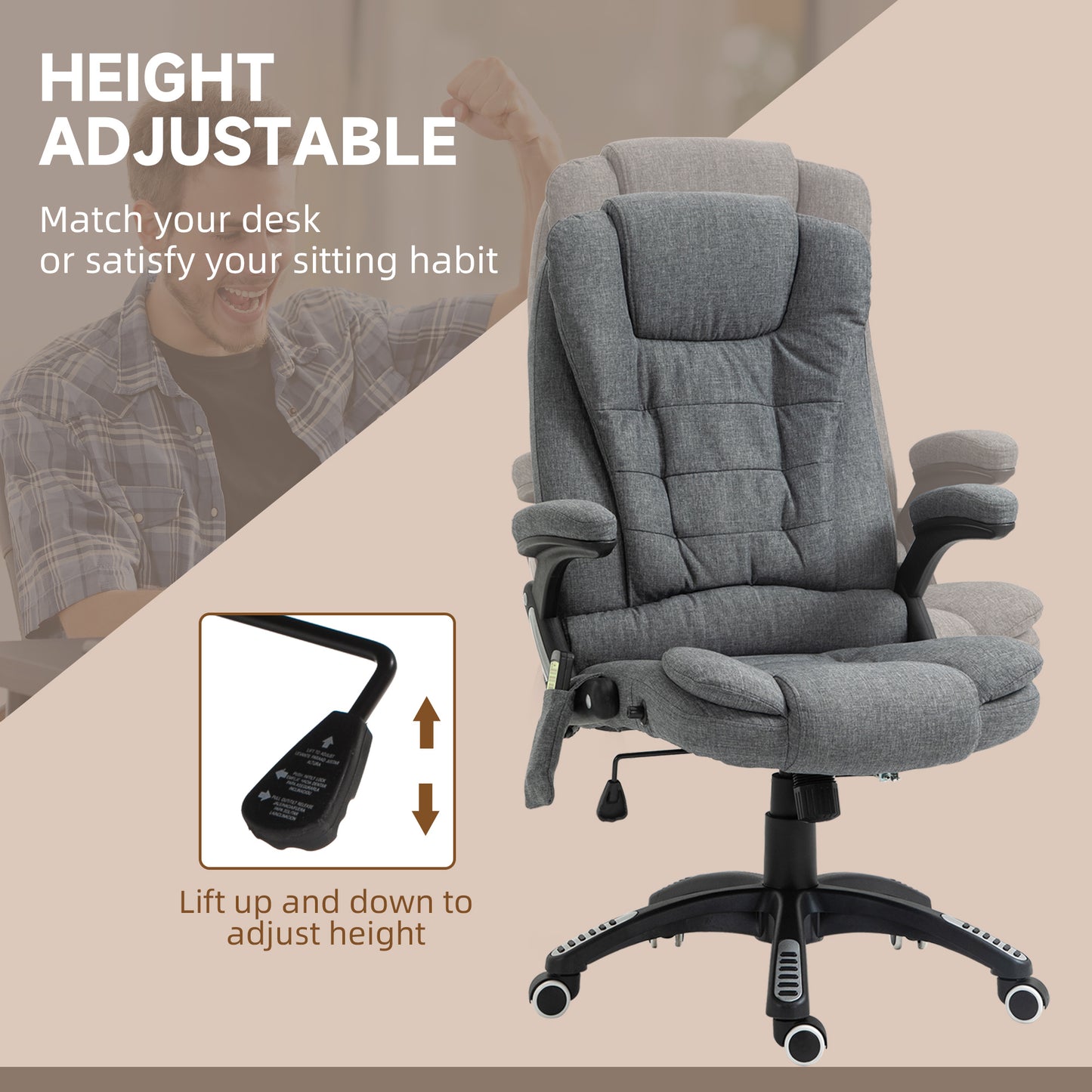 Image for Vinsetto Massage Recliner Chair Heated Office Chair with Six Massage Points Linen-Feel Fabric 360° Swivel Wheels Grey