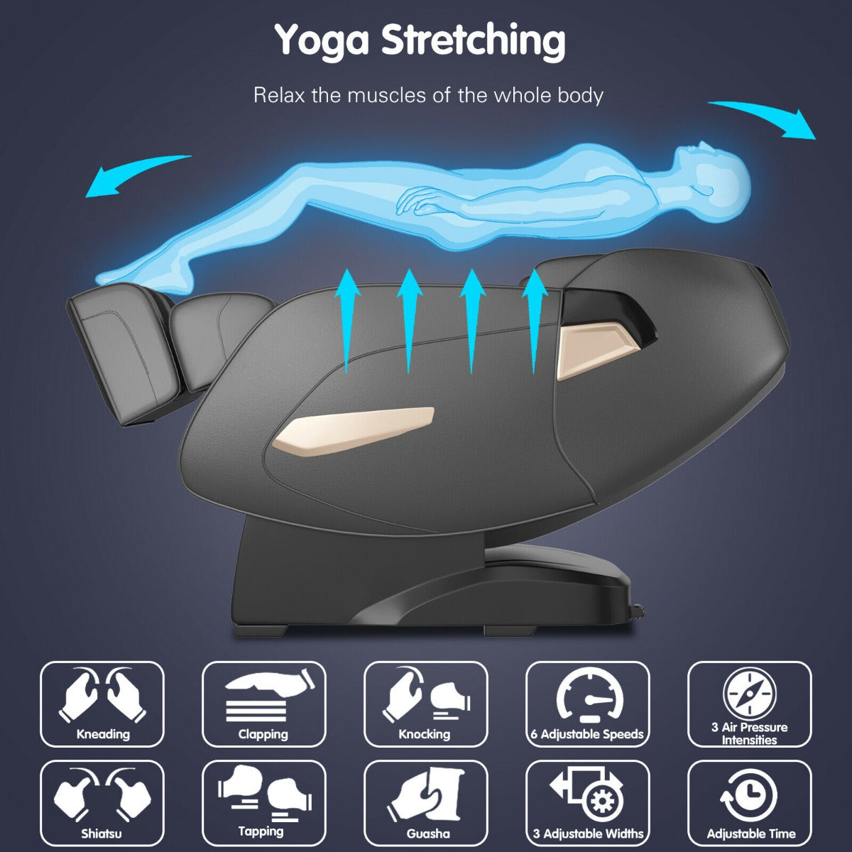 Electric Shiatsu Massage Chair Black Multiple Massage modes Kneading clapping Knocking tapping, 
adjustable widths and air pressure settings