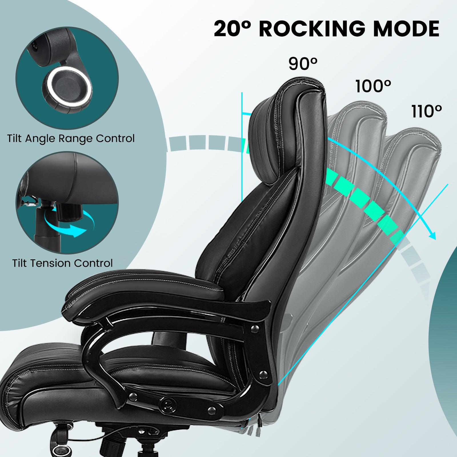 Ergonomic Office Chair with Padded Armrests and Adjustable Height-Black reclining from 90 to 110 degrees with tilt range and tension control 
