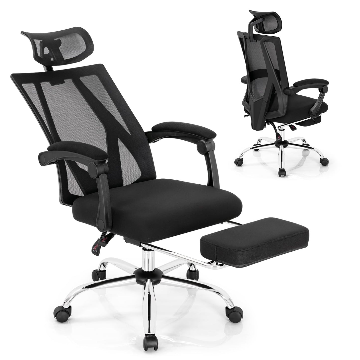 Ergonomic mesh black chair with retractable floor rest at study desk