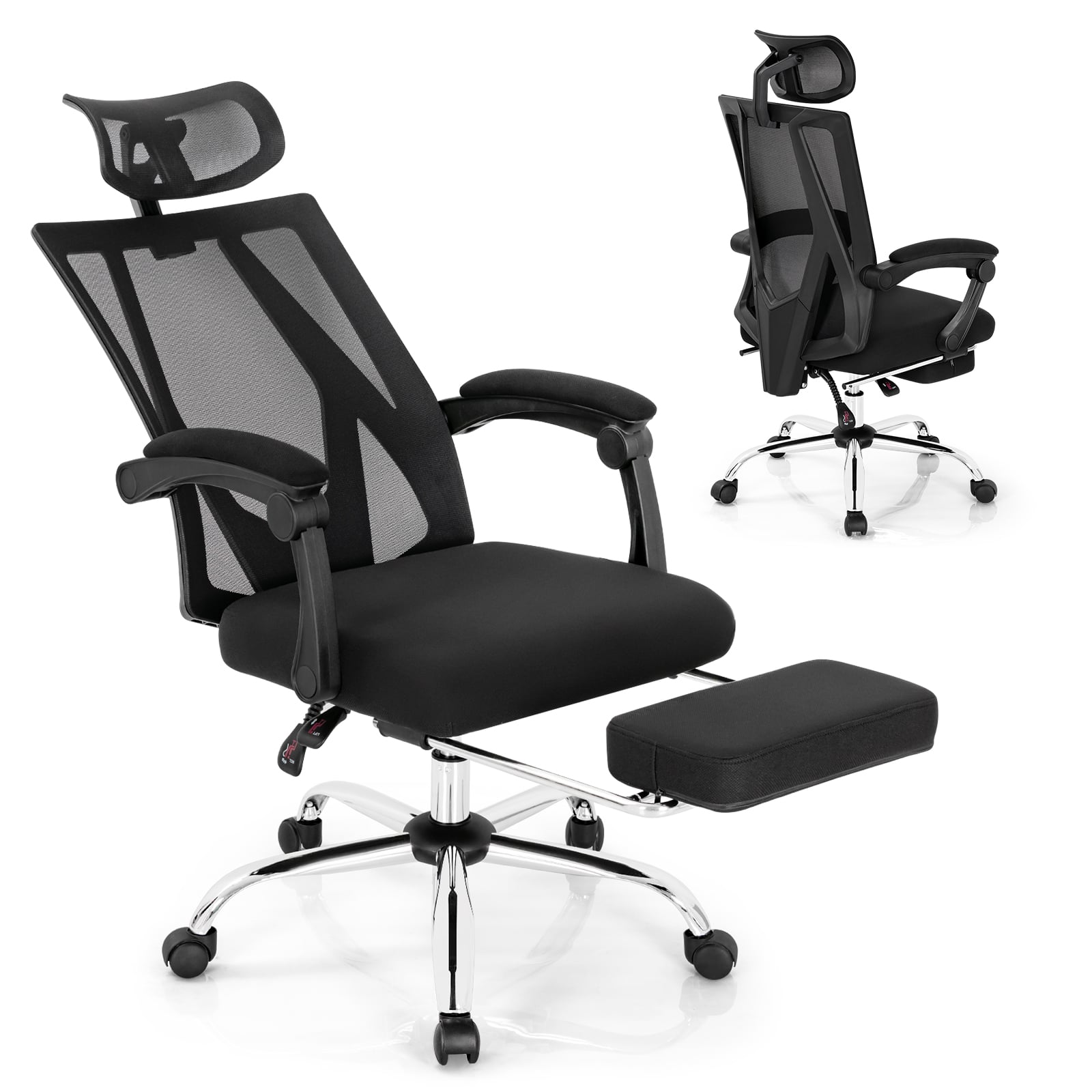 Ergonomic mesh black chair with retractable floor rest at study desk