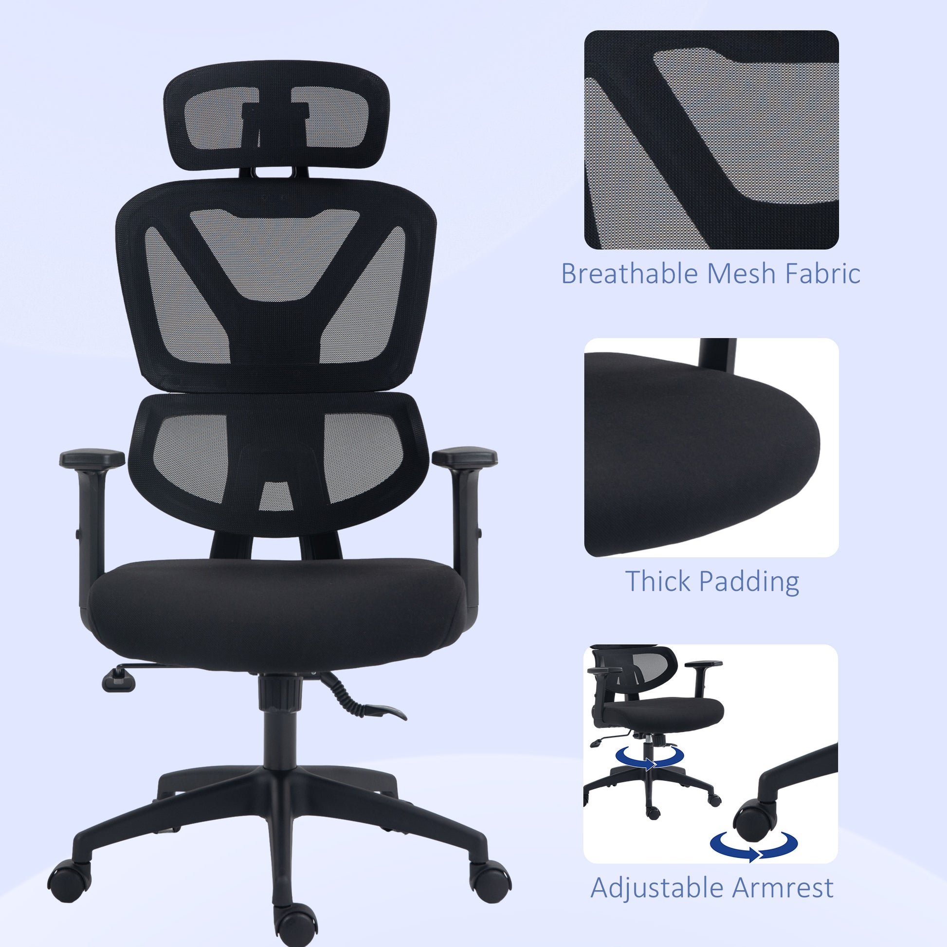 Image for Vinsetto Mesh Office Chair, Height Adjustable Desk Chair with Lumbar Support, Swivel Wheels and Adjustable Headrest, Black