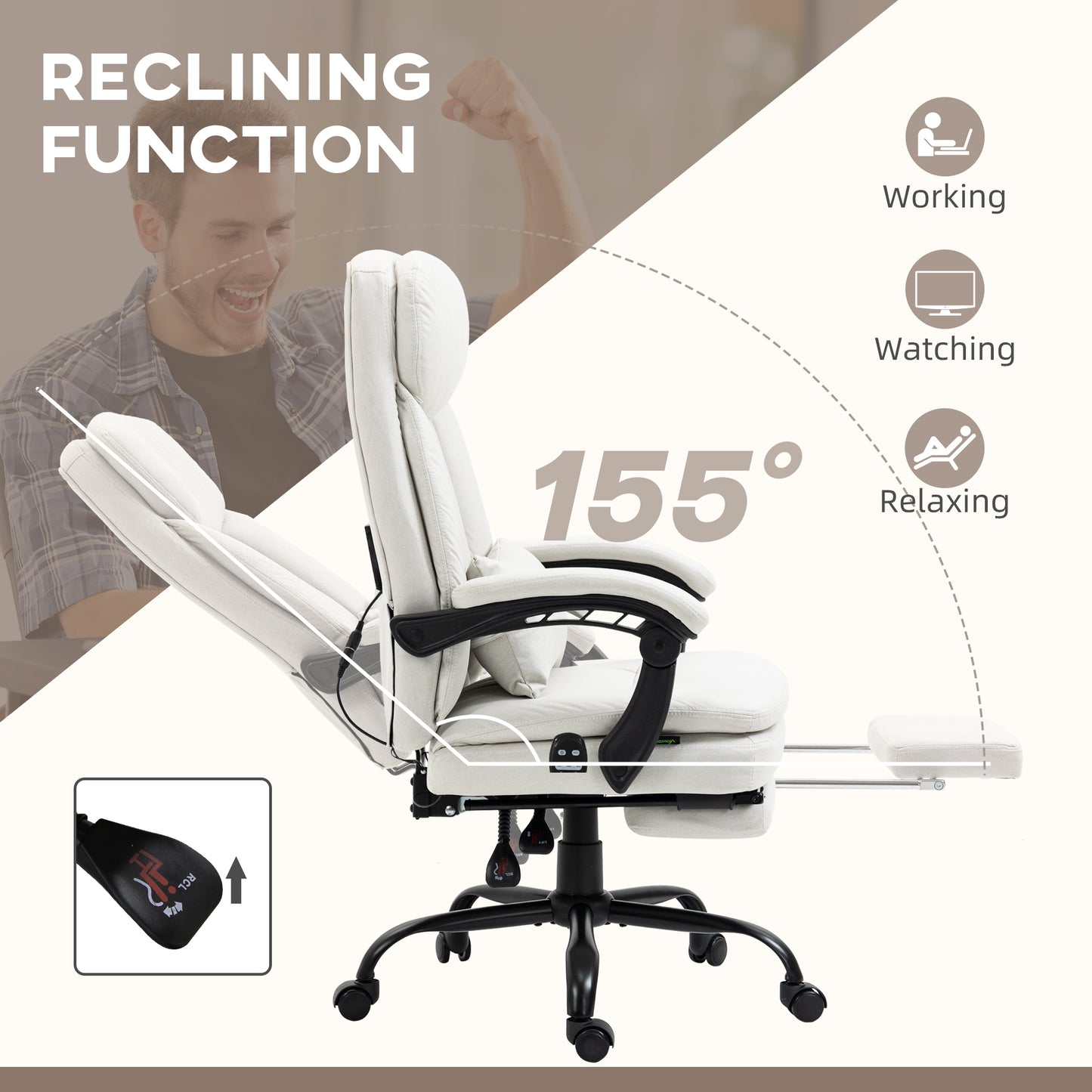 Image for Vinsetto Vibration Massage Office Chair w/ Heat, Microfibre Computer Chair w/ Footrest, Lumbar Support Pillow, Armrest, Reclining Back, Cream White