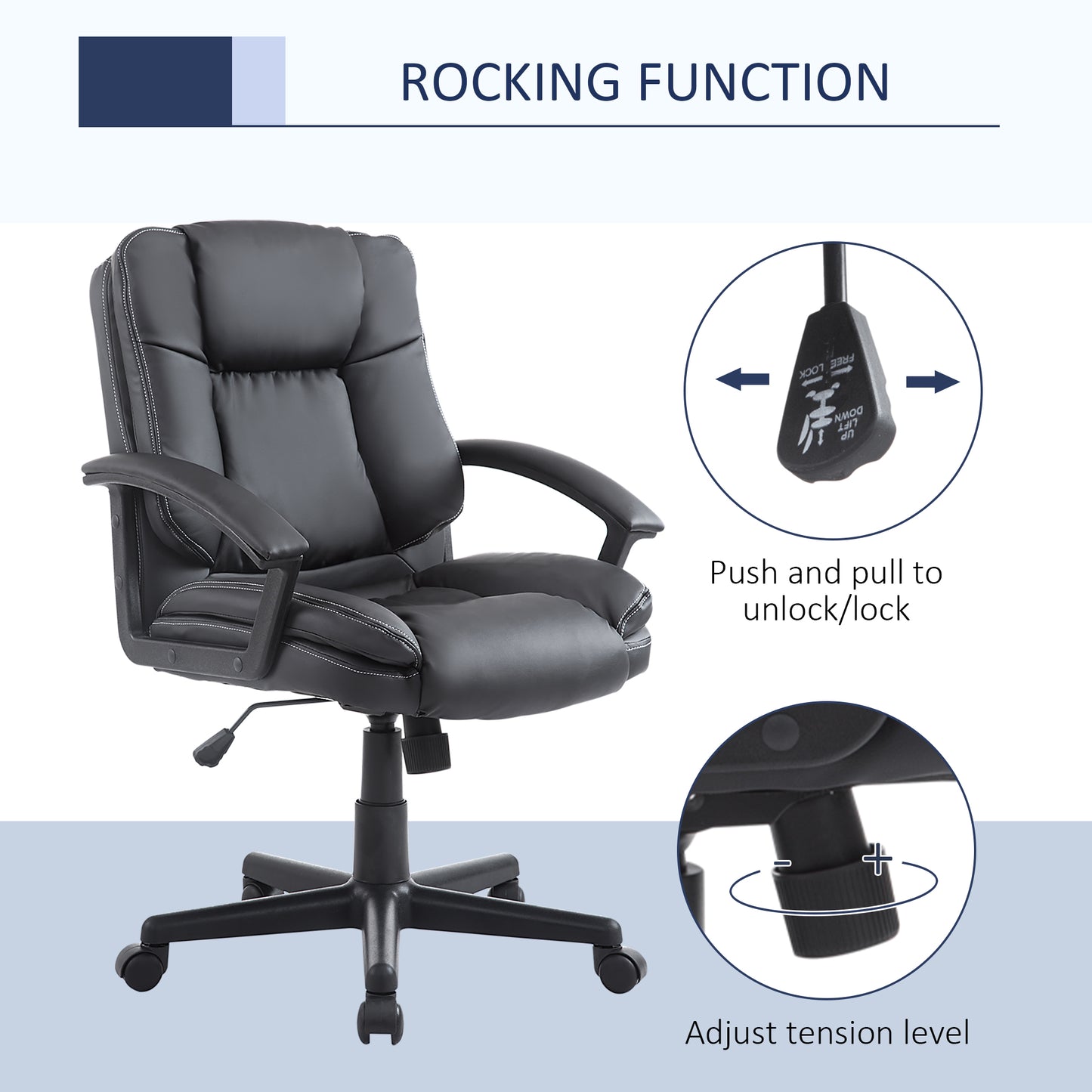 Image for HOMCOM Swivel Executive Office Chair Mid Back Faux Leather Computer Desk Chair for Home with Double-Tier Padding, Arm, Wheels, Black