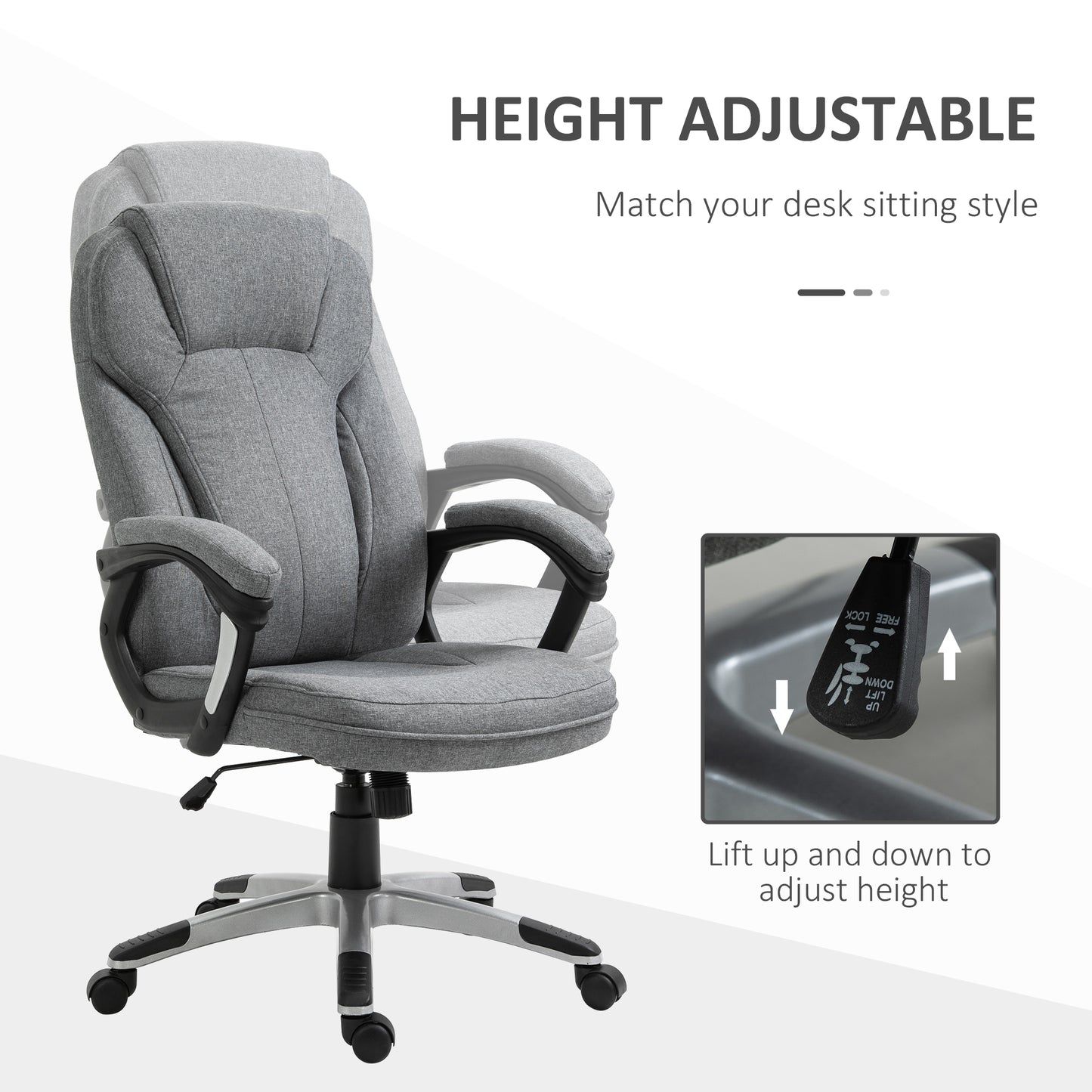 Image for Vinsetto Swivel Chair Linen Fabric Home Office Chair, Height Adjustable Computer Chair with Padded Armrests and Tilt Function, Grey