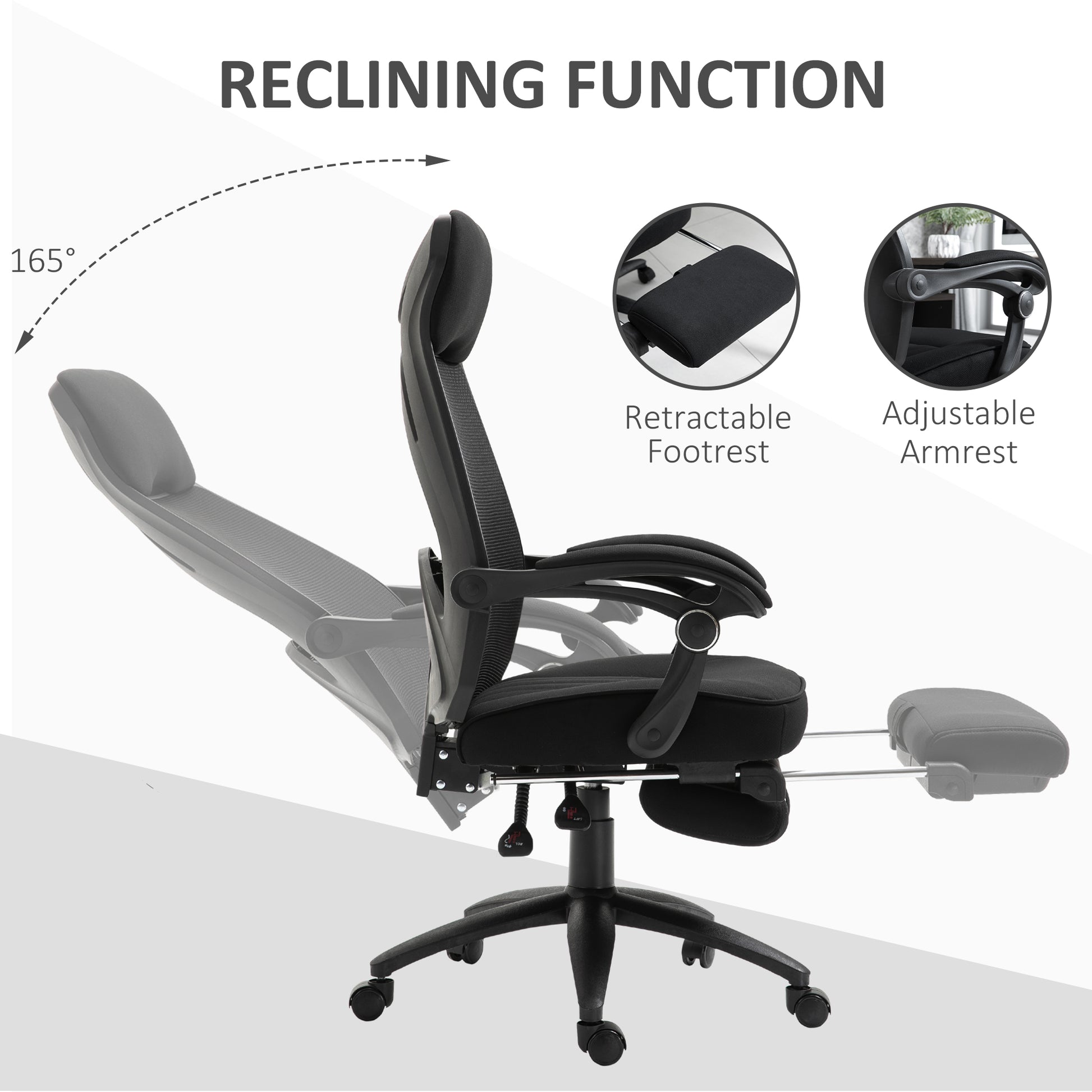 Image for Vinsetto Mesh Office Chair with Footrest for Home Office Lunch Break Recliner High Back Adjustable Height with Headrest, Black