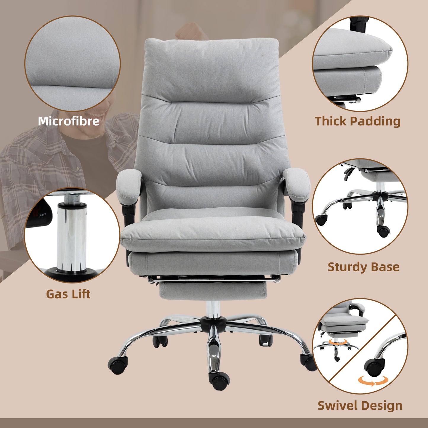 Image for Vinsetto Vibration Massage Office Chair with Heat, Microfibre Computer Chair with Footrest, Armrest, Reclining Back, Double-tier Padding, Grey