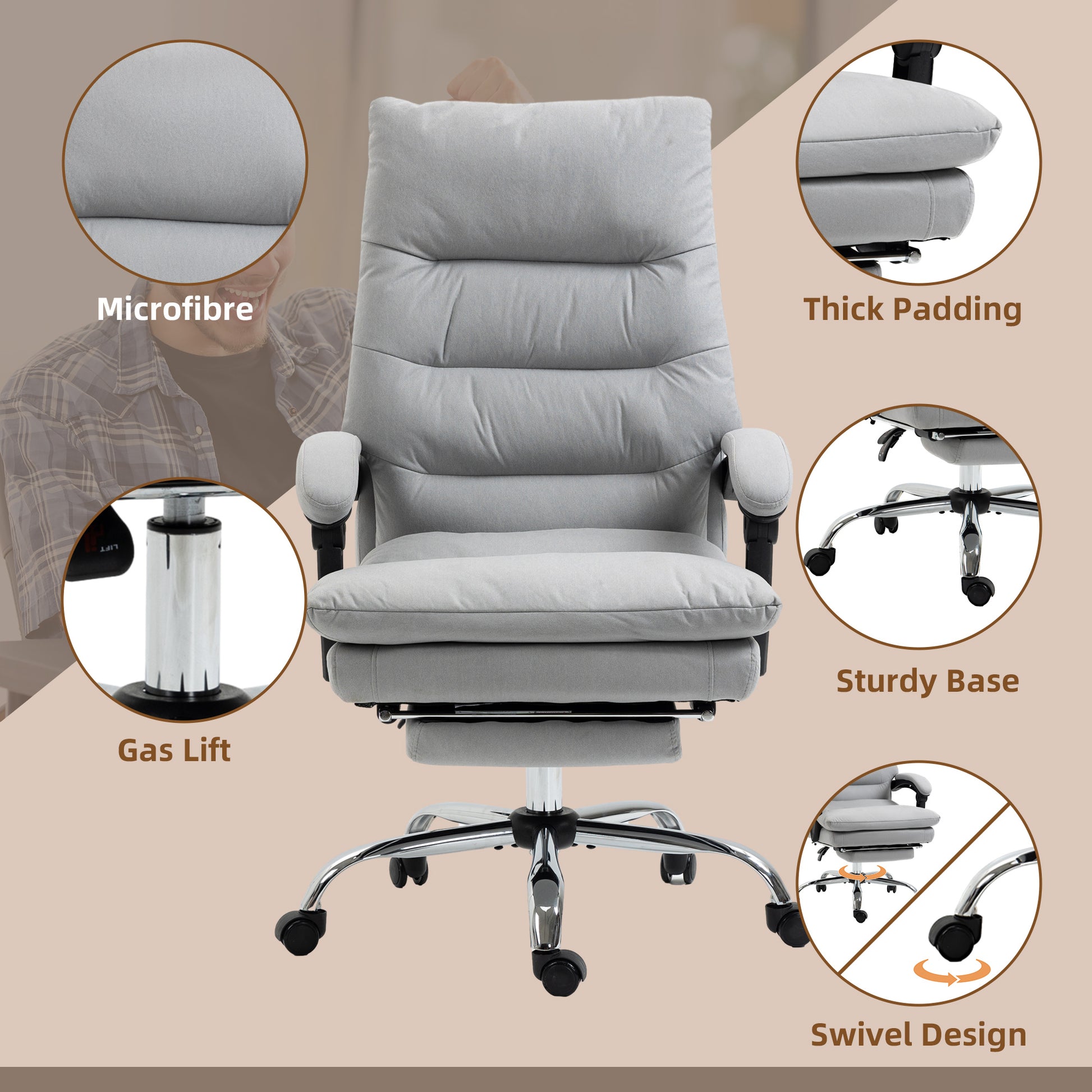 Image for Vinsetto Vibration Massage Office Chair with Heat, Microfibre Computer Chair with Footrest, Armrest, Reclining Back, Double-tier Padding, Grey