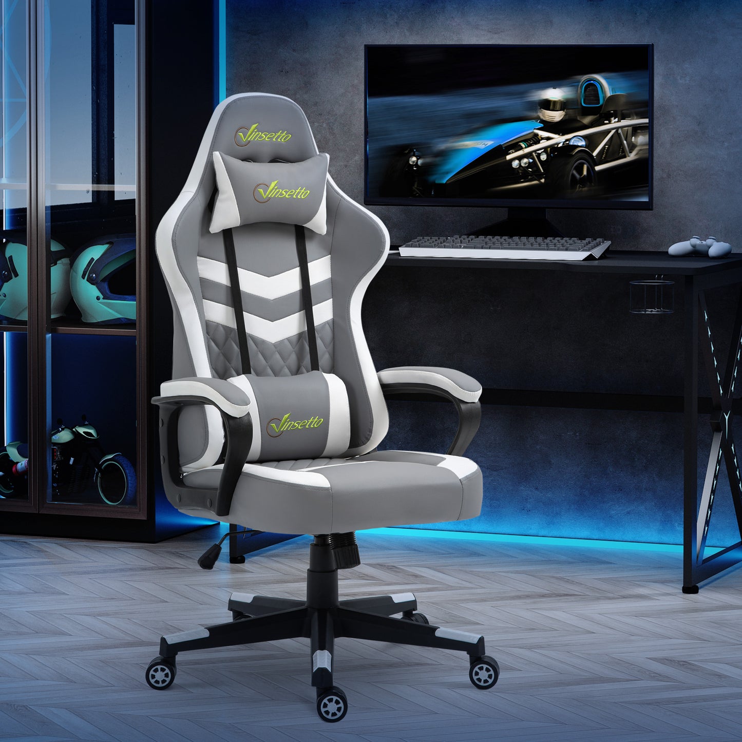 Image for Vinsetto Racing Gaming Chair with Lumbar Support, Headrest, Swivel Wheel, PVC Leather Gamer Desk Chair for Home Office, Grey White