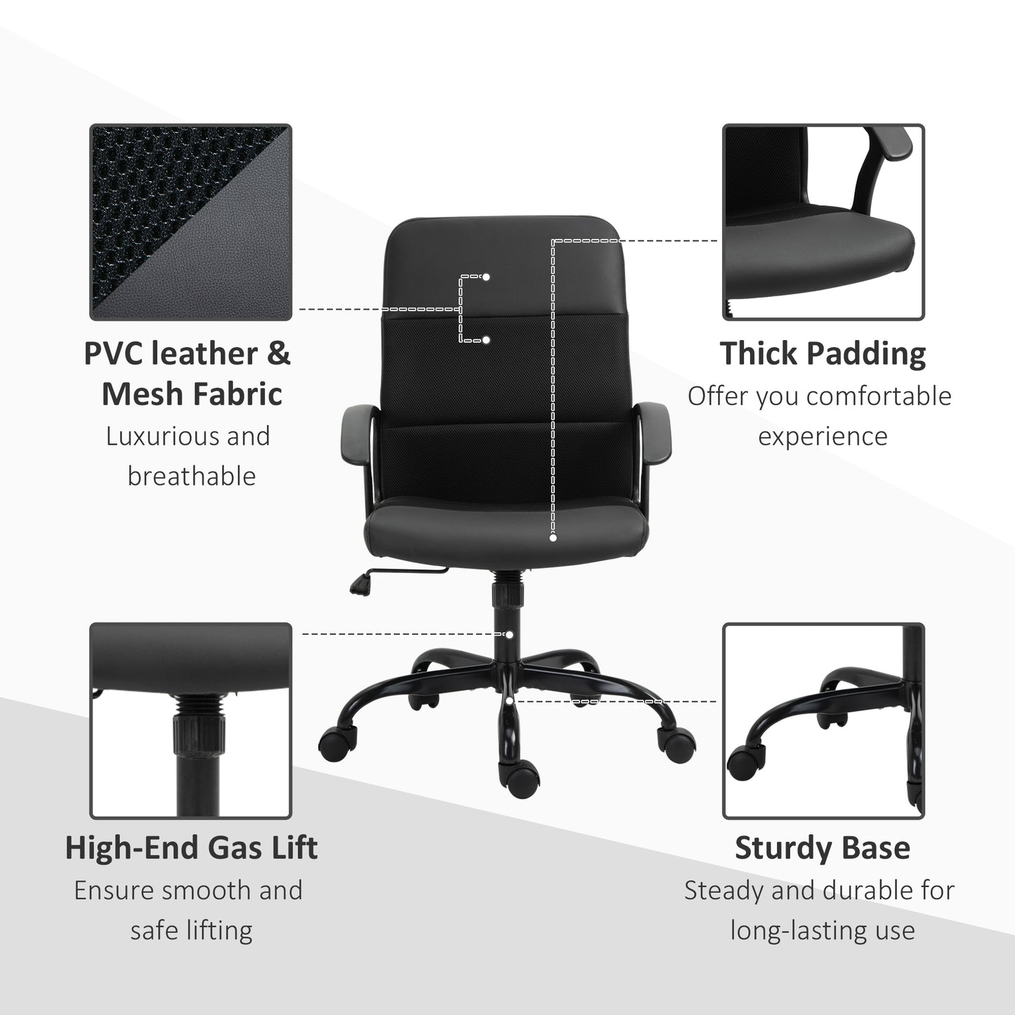 Image for Vinsetto PVC Leather & Mesh Panel Blend Office Chair Swivel Seat w/ Padding Ergonomic Desk Adjustable Height Tilt 5 Wheels Stylish Black