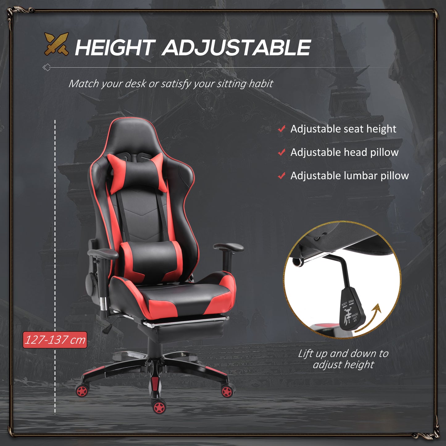 Image for HOMCOM High-Back Gaming Chair Swivel Home Office Computer Racing Gamer Recliner Chair Faux Leather with Footrest, Wheels, Red Black