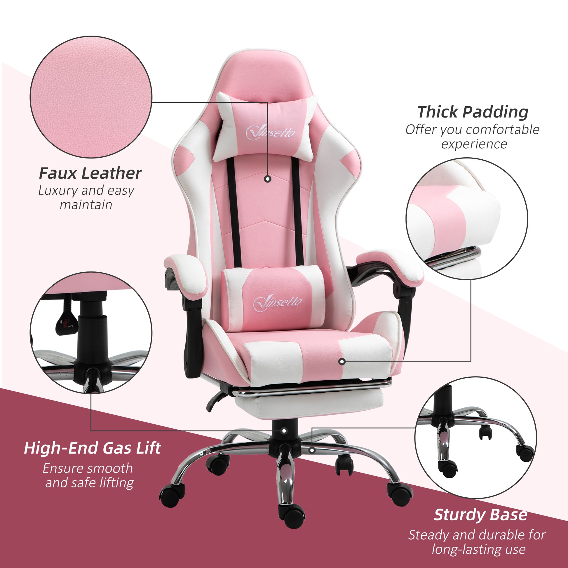 Image for Vinsetto Racing Gaming Chair with Lumbar Support, Head Pillow, Swivel Wheels, High Back Recliner Gamer Desk Chair for Home Office, Pink