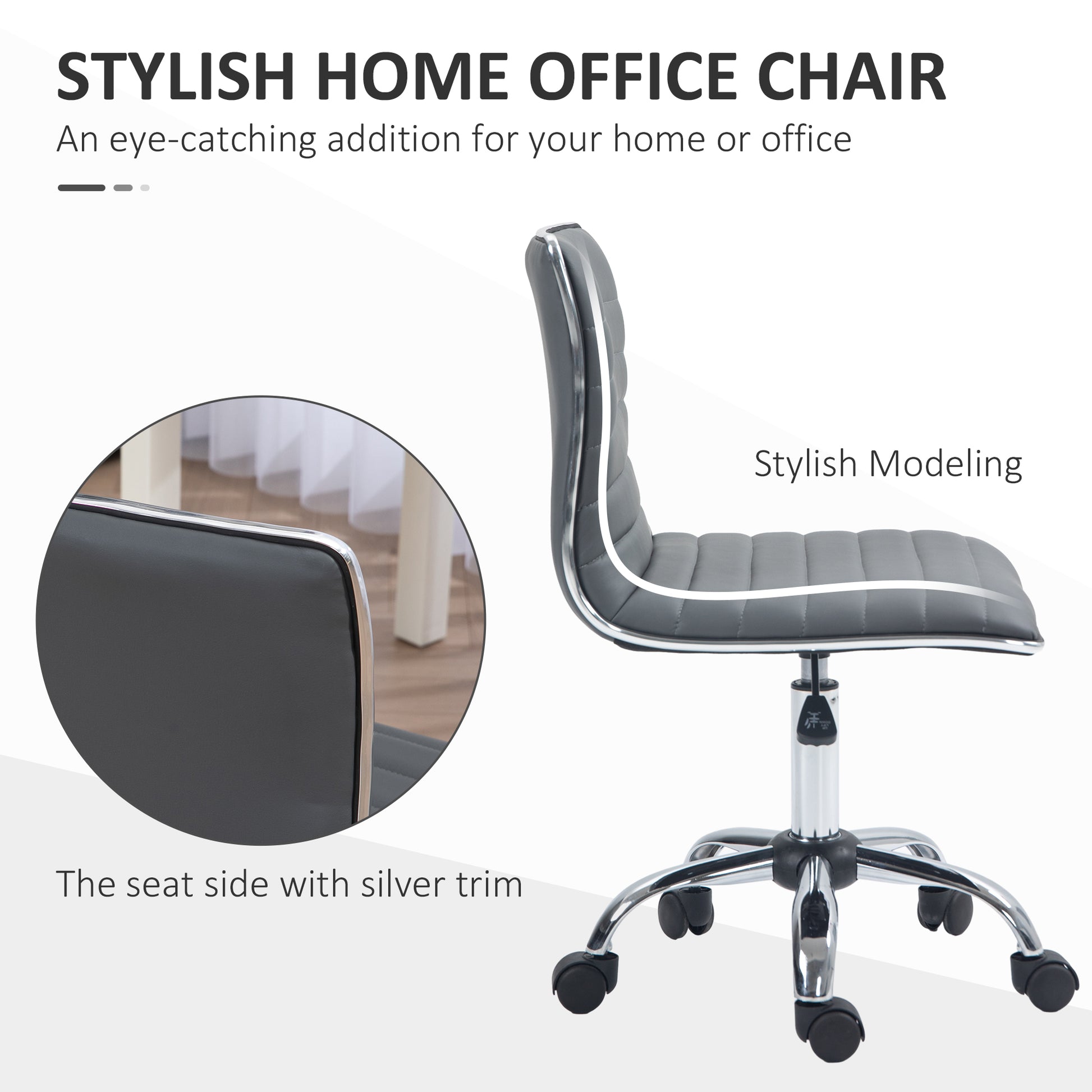 Image for Vinsetto Adjustable Swivel Office Chair with Armless Mid-Back in PU Leather and Chrome Base - Dark Grey