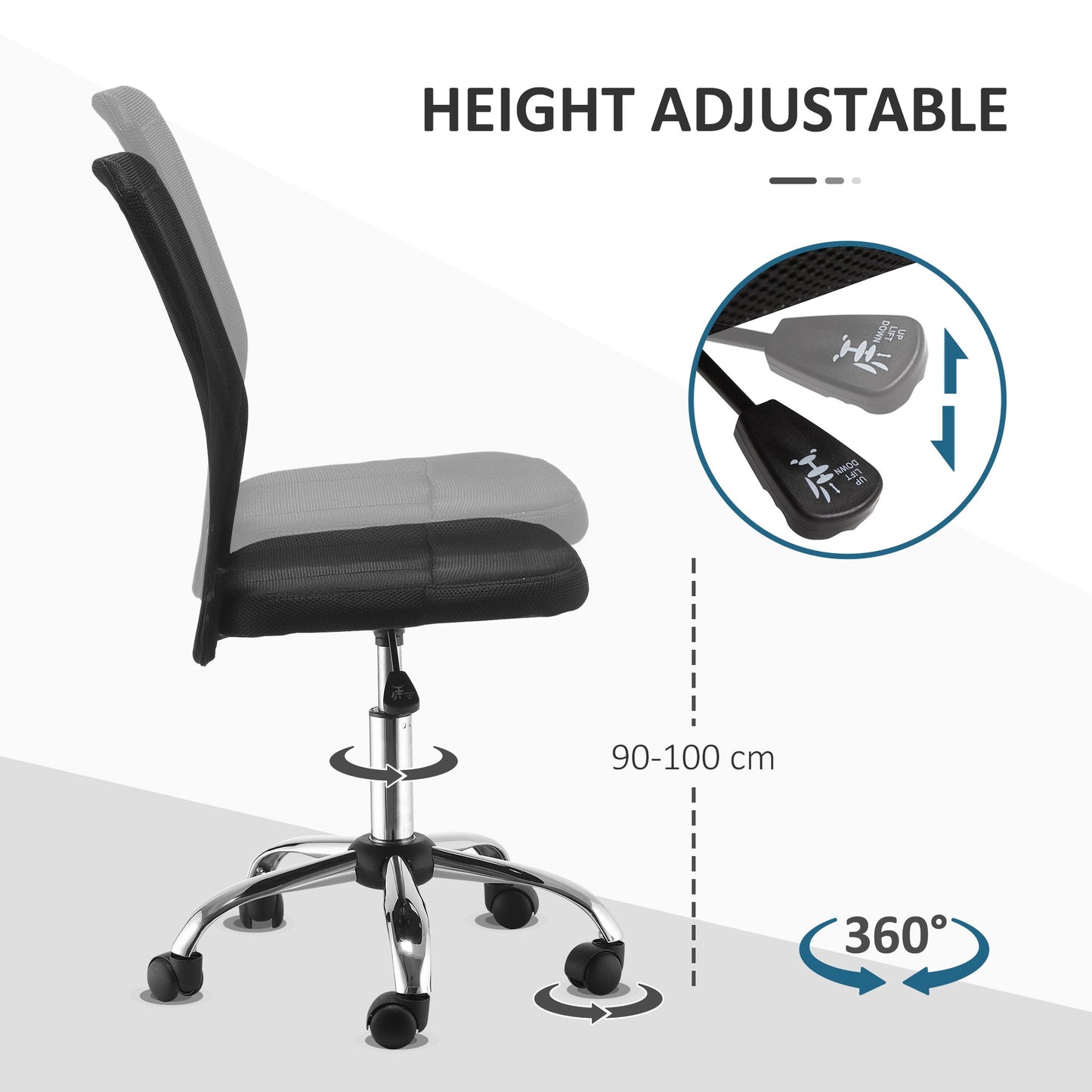 Vinsetto Computer Desk Chair, Mesh Office Chair with Adjustable Height and Swivel Wheels, Armless Study Chair