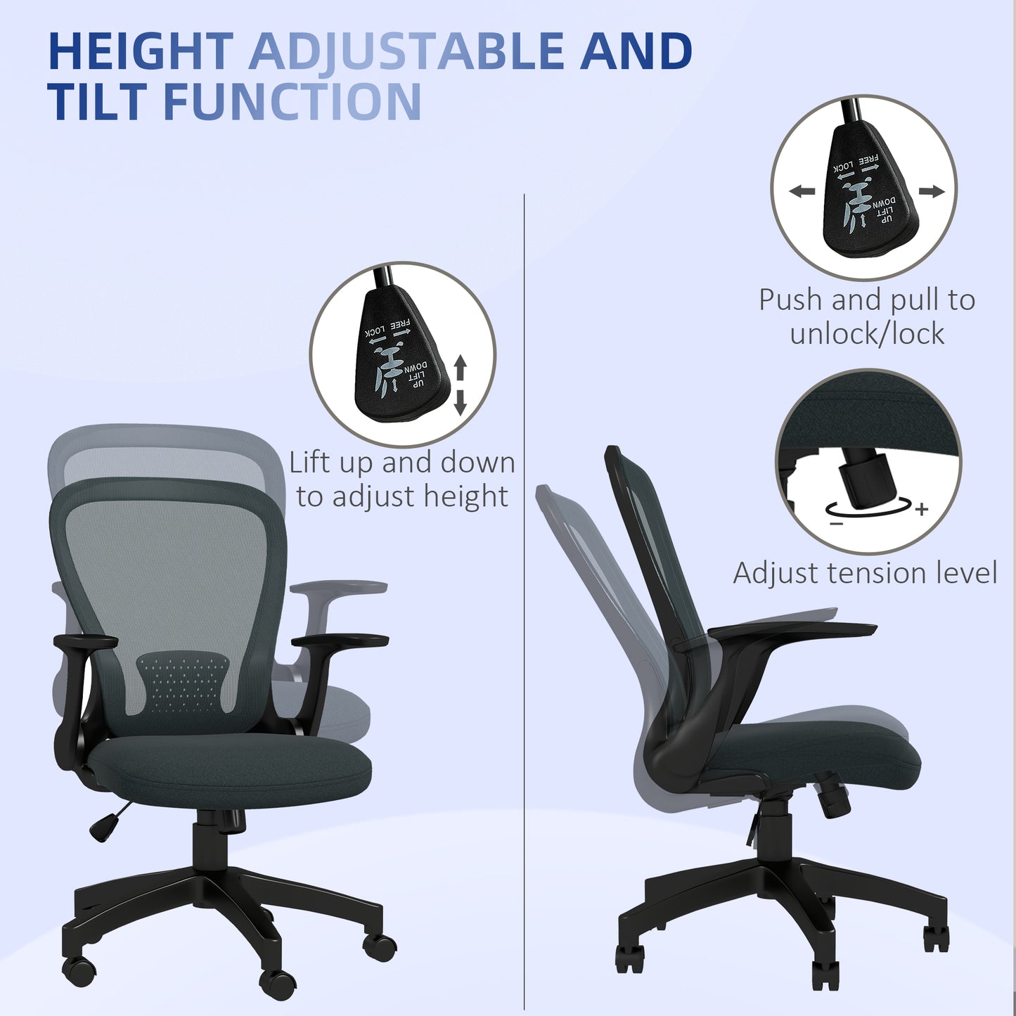 Image for Vinsetto Ergonomic Office Chair, Mesh Desk Chair with Flip-up Armrest, Lumbar Back Support, Swivel Wheels, Grey