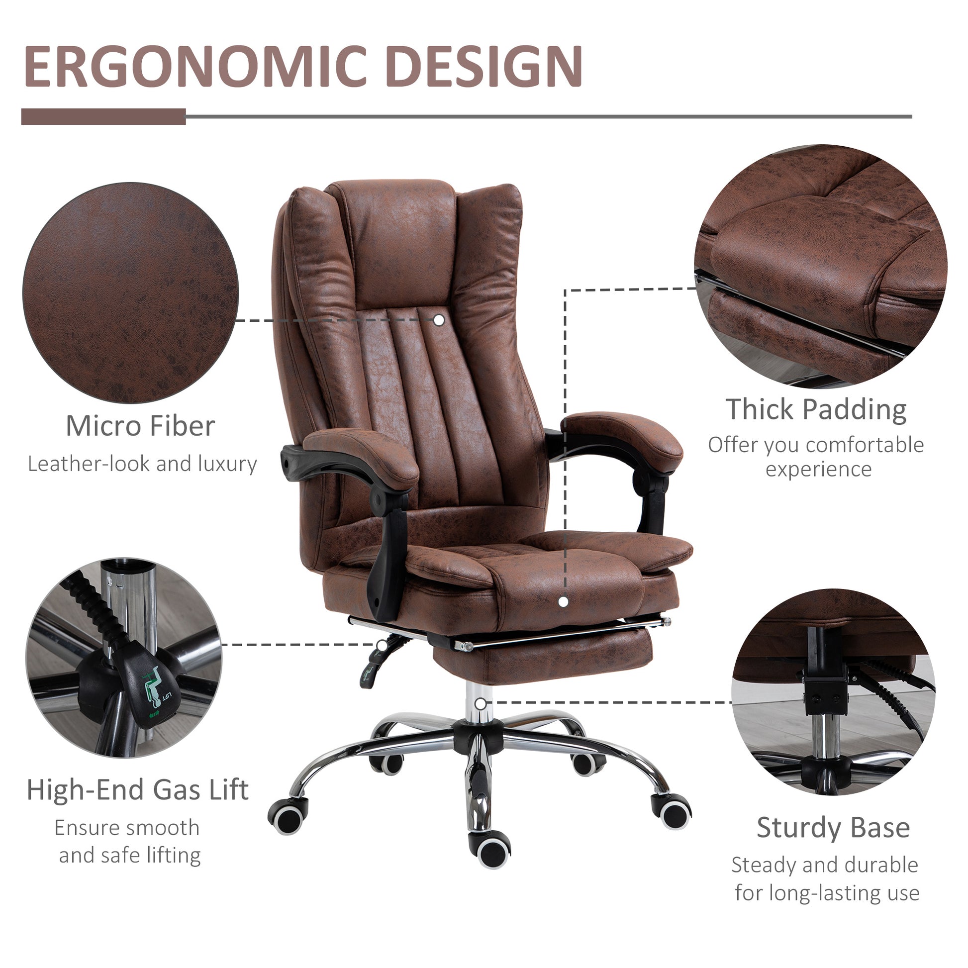 Image for Vinsetto Ergonomic Desk Chair Home Office Chair with Reclining Function Armrests Swivel Wheels Footrest Brown