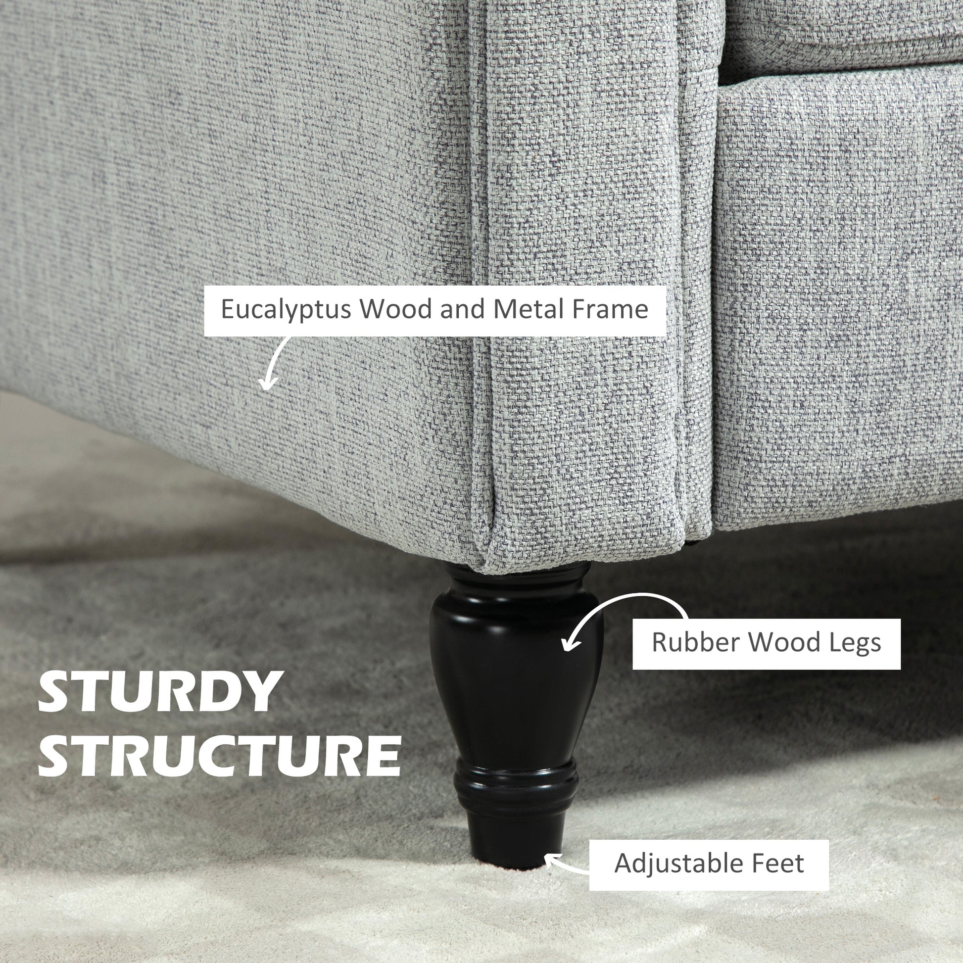 Gray sofa Eucalyptus wood and metal frame with adjustable feet