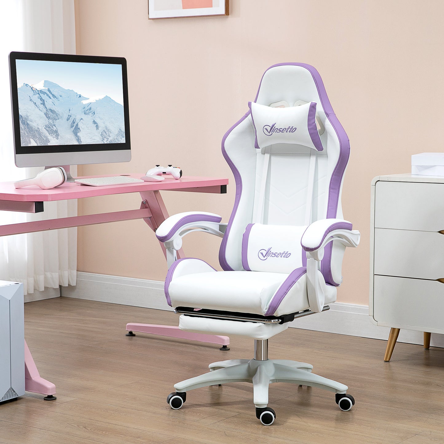 Image for Vinsetto Racing Gaming Chair, Reclining PU Leather Computer Chair with 360 Degree Swivel Seat, Footrest, Removable Headrest and Lumber Support, Purple