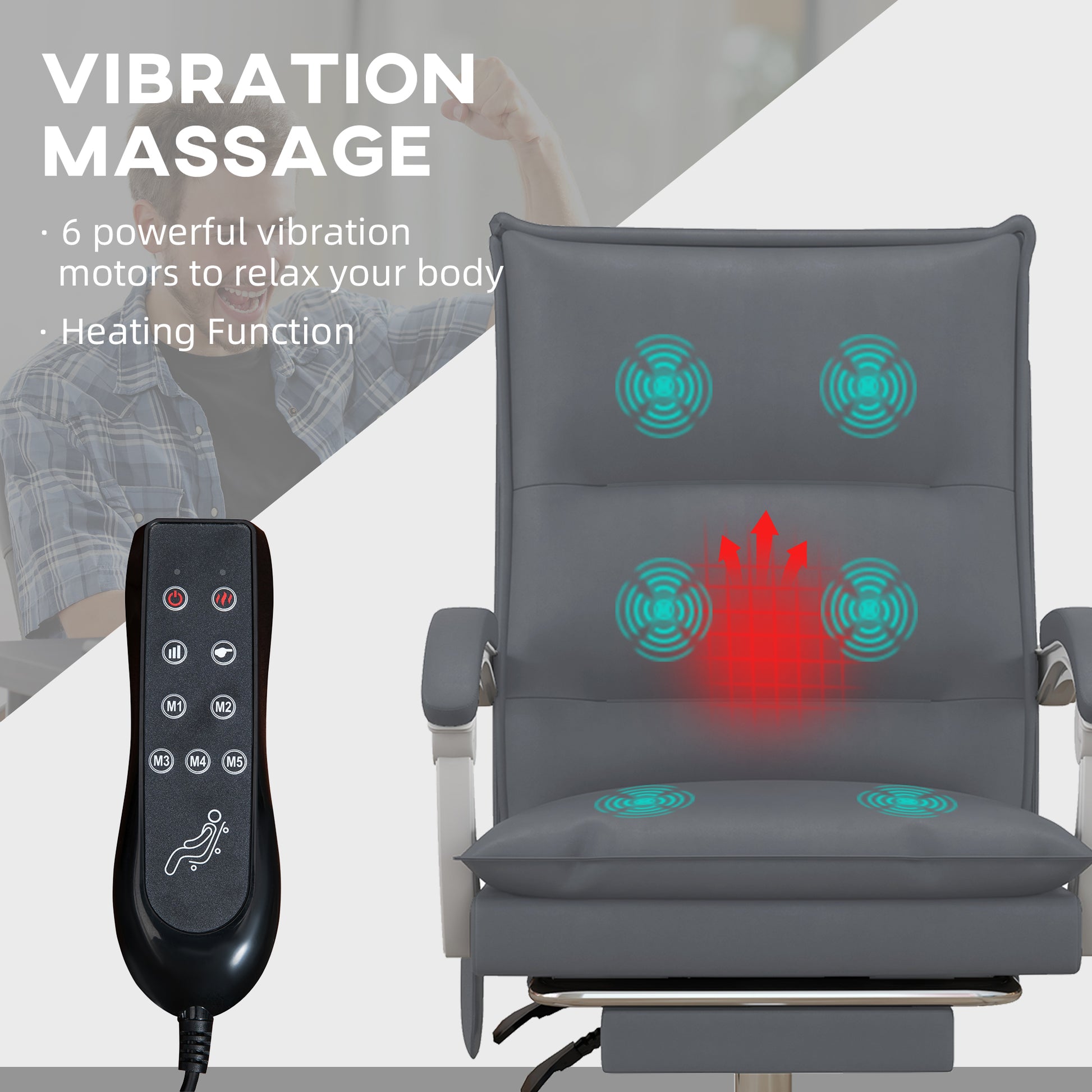 Image for Vinsetto Vibration Massage Office Chair w/ Heat, Faux Leather Computer Chair w/ Footrest, Armrest, Reclining Back, Double-tier Padding, Grey