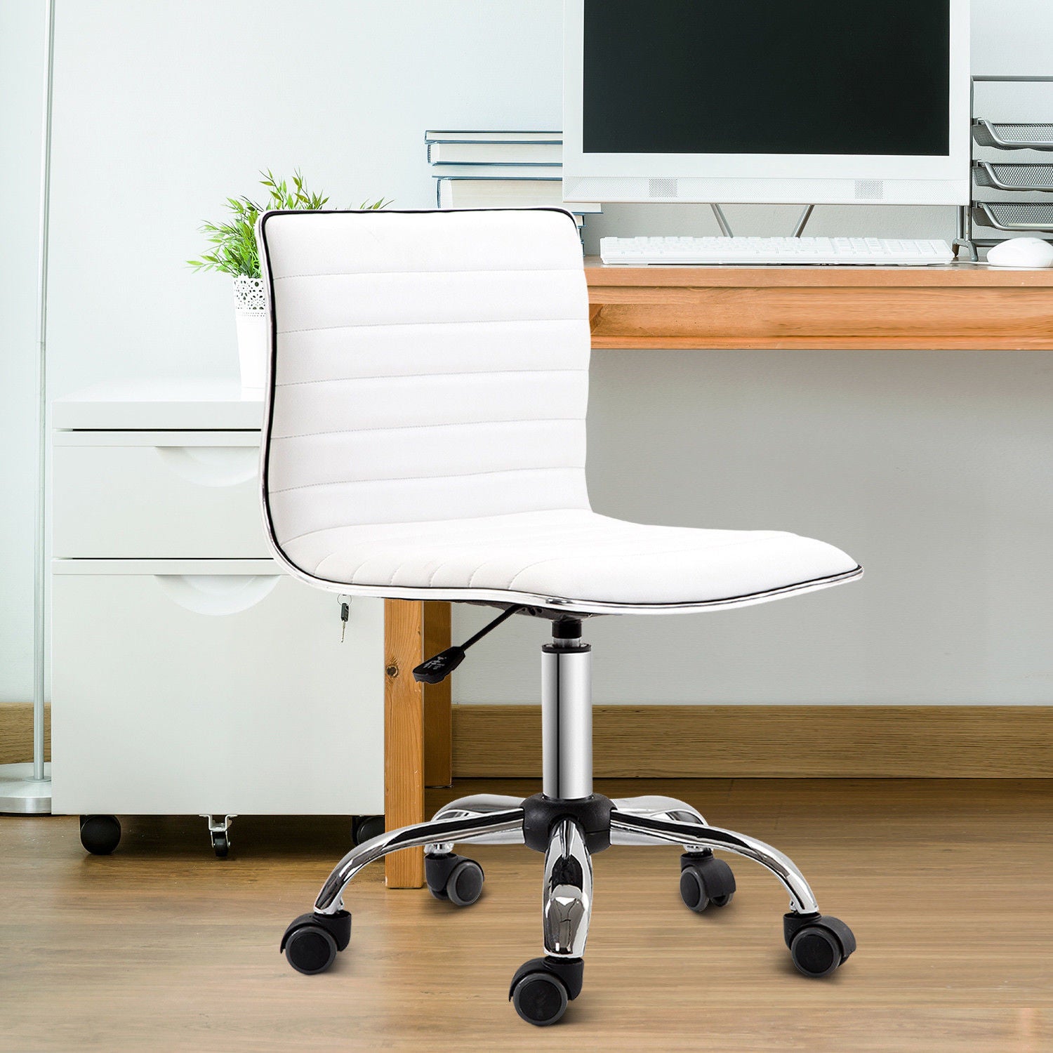 Image for HOMCOM Adjustable Swivel Office Chair with Armless Mid-Back in PU Leather and Chrome Base - White