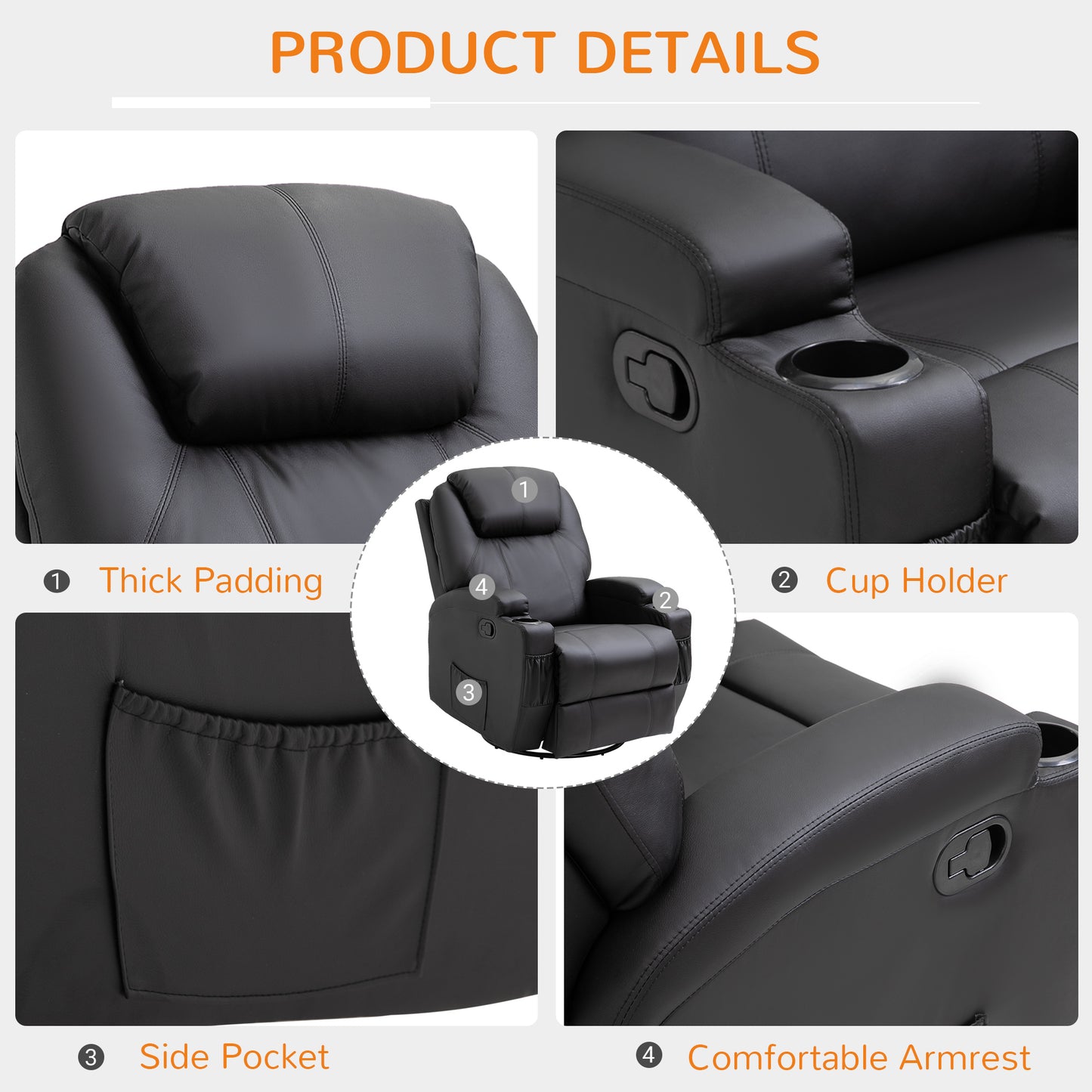 Image for HOMCOM Recliner Sofa Chair PU Leather Armchair Cinema Massage Chair Swivel Nursing Gaming Chair Black