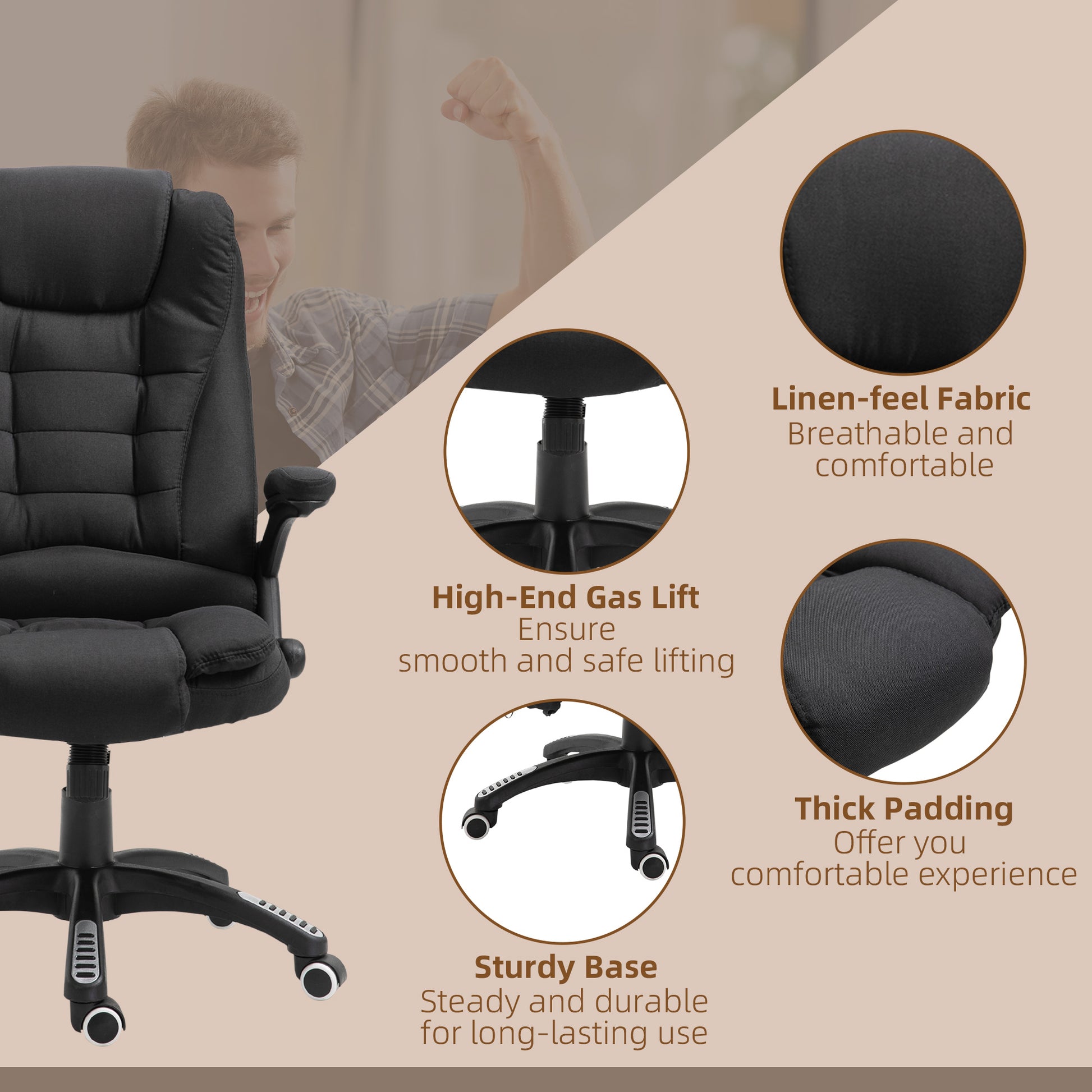 Image for Vinsetto Massage Recliner Chair Heated Office Chair with Six Massage Points Linen-Feel Fabric 360° Swivel Wheels Black