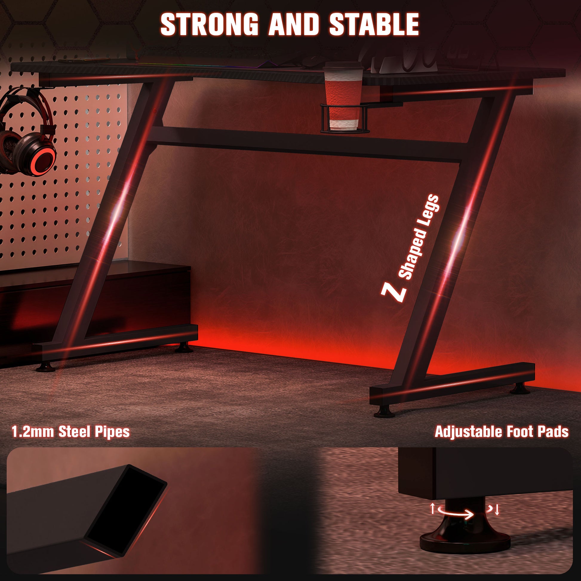 HOMCOM Gaming Desk 120 x 65 cm Steel Frame with Cup Holder, Headphone Hook, Adjustable Feet and Cable Organiser, Home Office Computer Table, Black Bottom