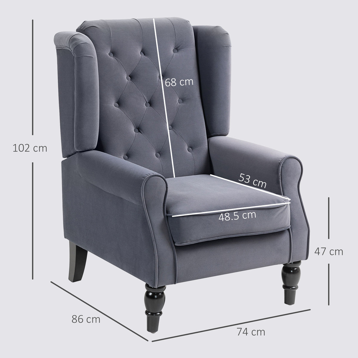 HOMCOM Wingback Accent Chair, Retro Upholstered Button Tufted Occasional Chair for Living Room and Bedroom dimensions Dark grey dimensions